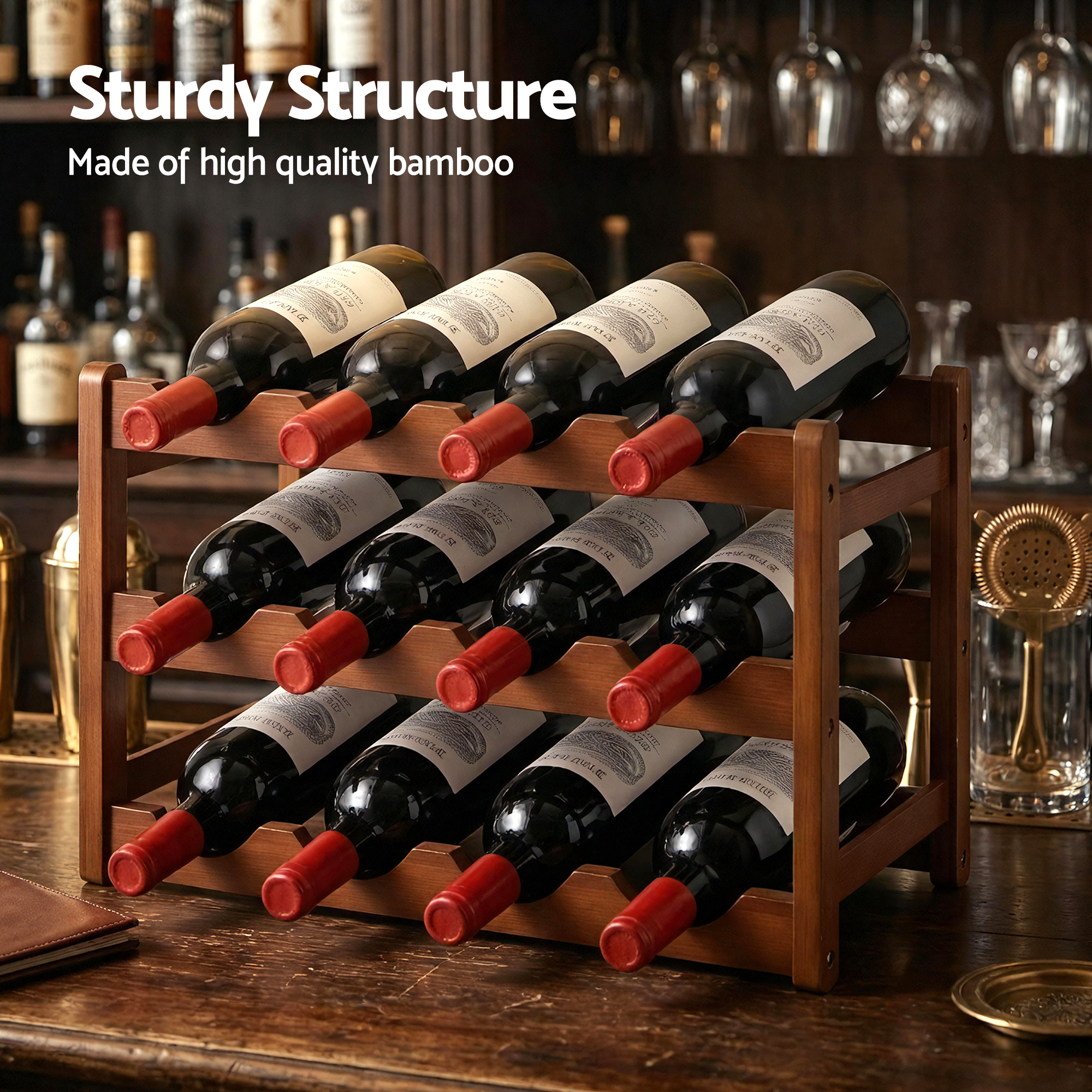 Artiss Bamboo Wine Rack 3-Tier Display Storage Organizer 12 Bottle Walnut - Image 5