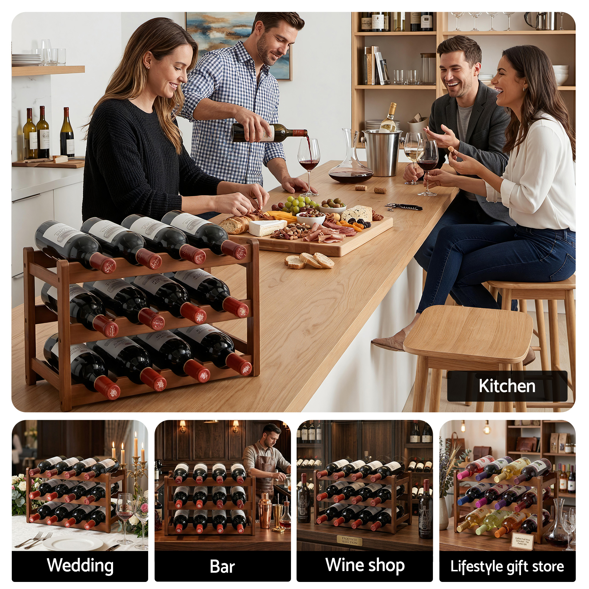 Artiss Bamboo Wine Rack 3-Tier Display Storage Organizer 12 Bottle Walnut - Image 7