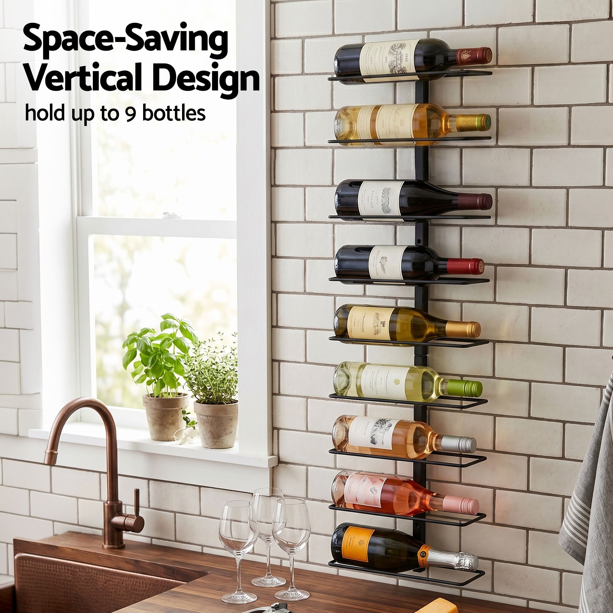 Artiss Wall Mounted Wine Rack 9 Bottles Display Storage Organizer Metal Black - Image 6