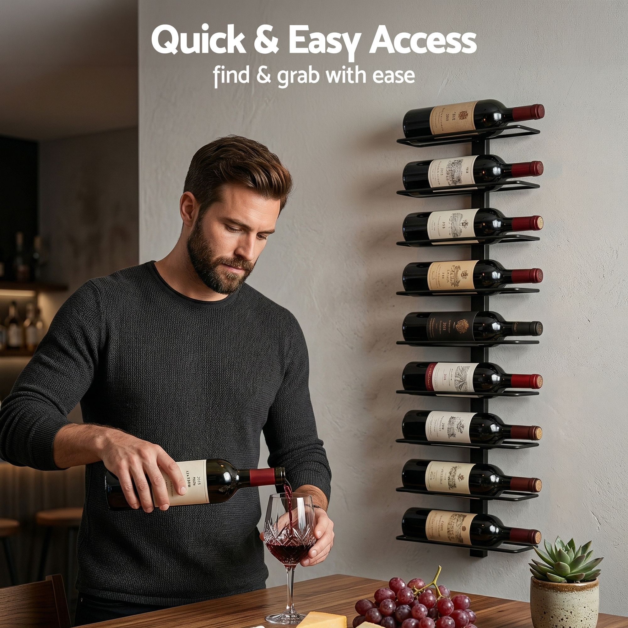 Artiss Wall Mounted Wine Rack 9 Bottles Display Storage Organizer Metal Black - Image 7