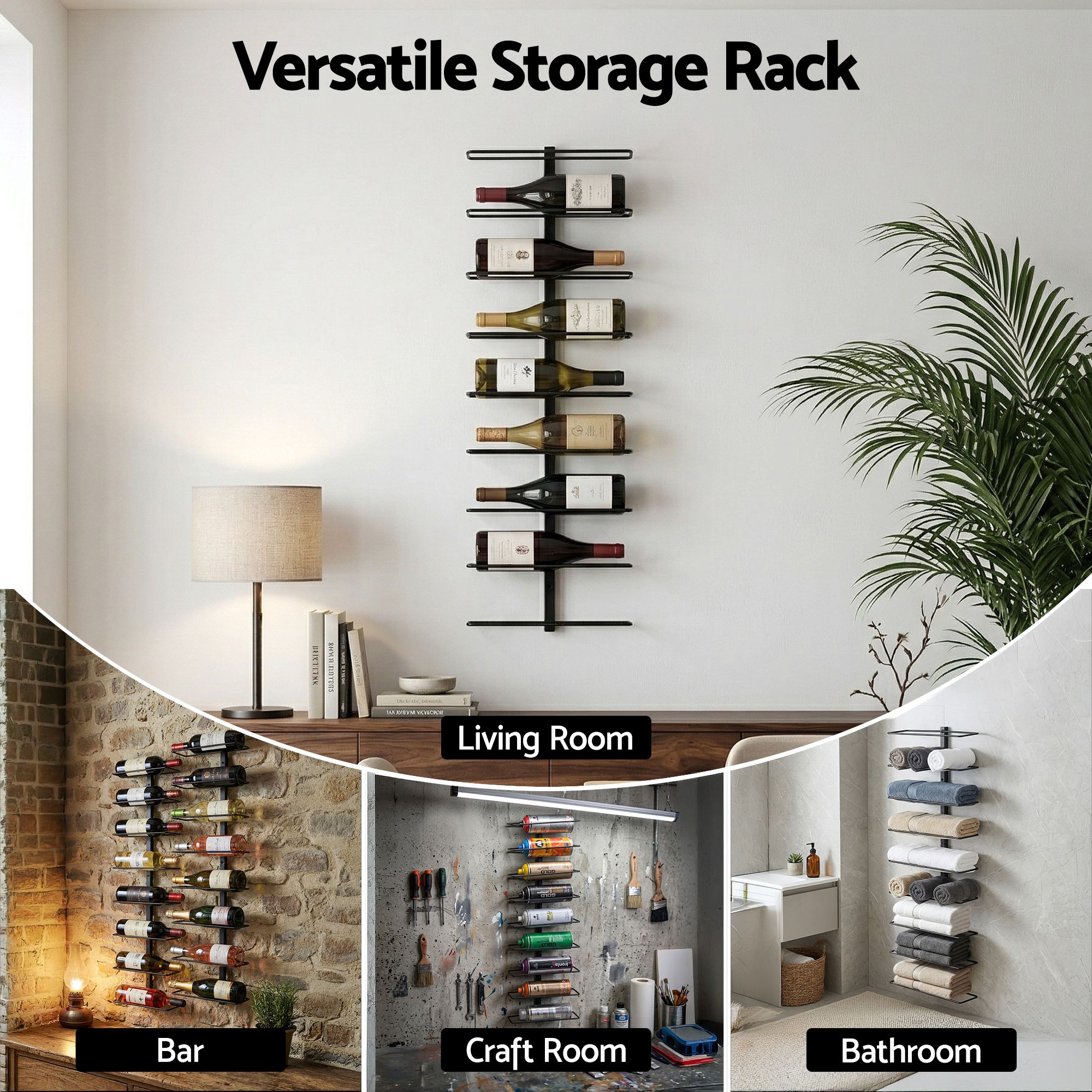 Artiss Wall Mounted Wine Rack 9 Bottles Display Storage Organizer Metal Black - Image 8