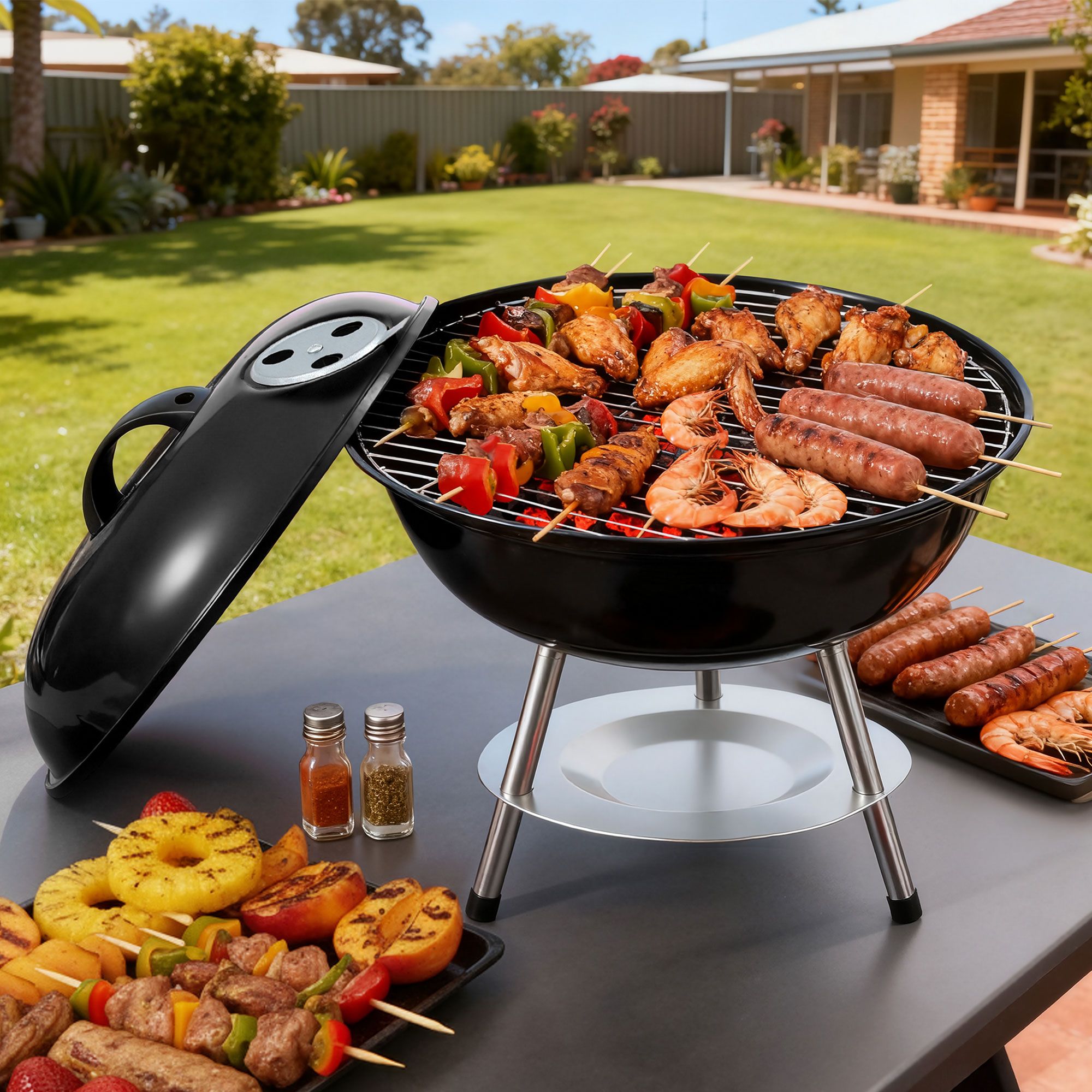 Grillz Charcoal BBQ Grill Portable with Lid for Camping Outdoor - Image 1