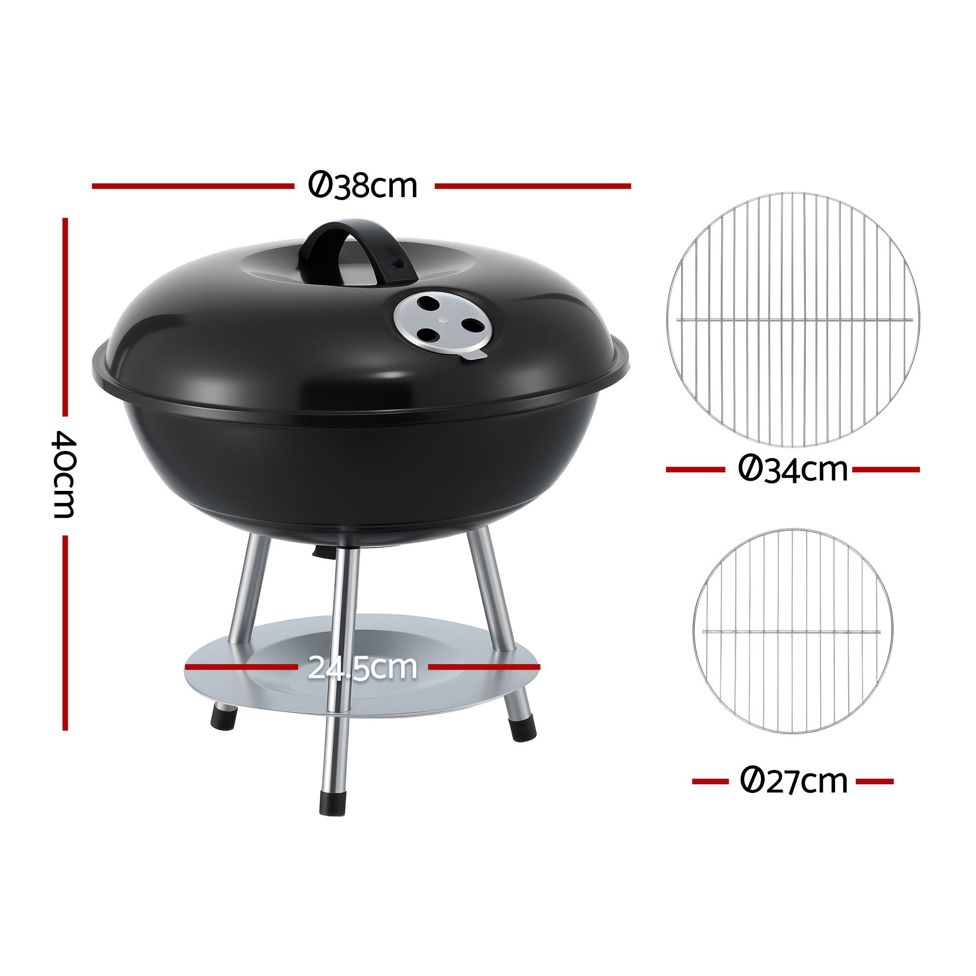 Grillz Charcoal BBQ Grill Portable with Lid for Camping Outdoor - Image 2