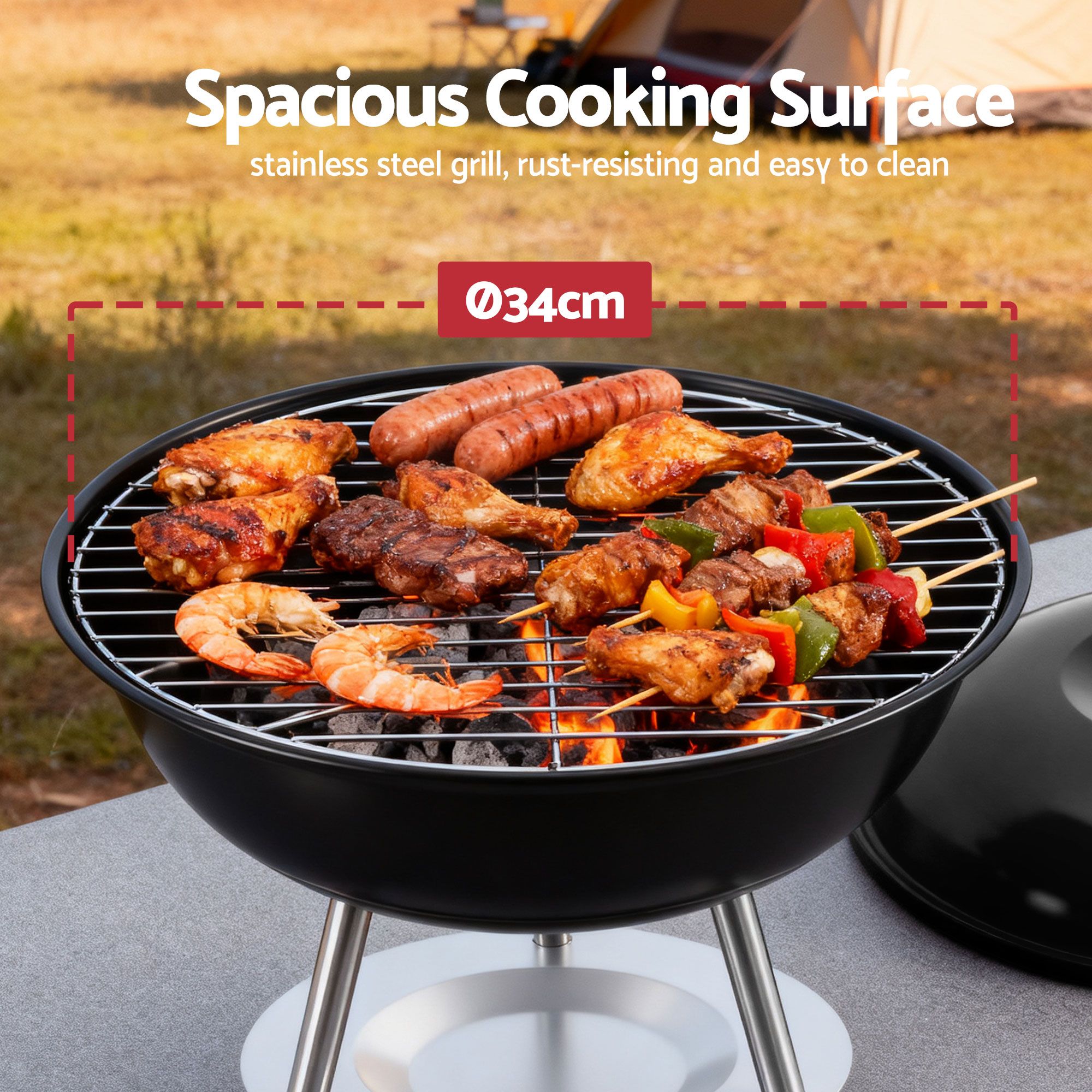 Grillz Charcoal BBQ Grill Portable with Lid for Camping Outdoor - Image 4