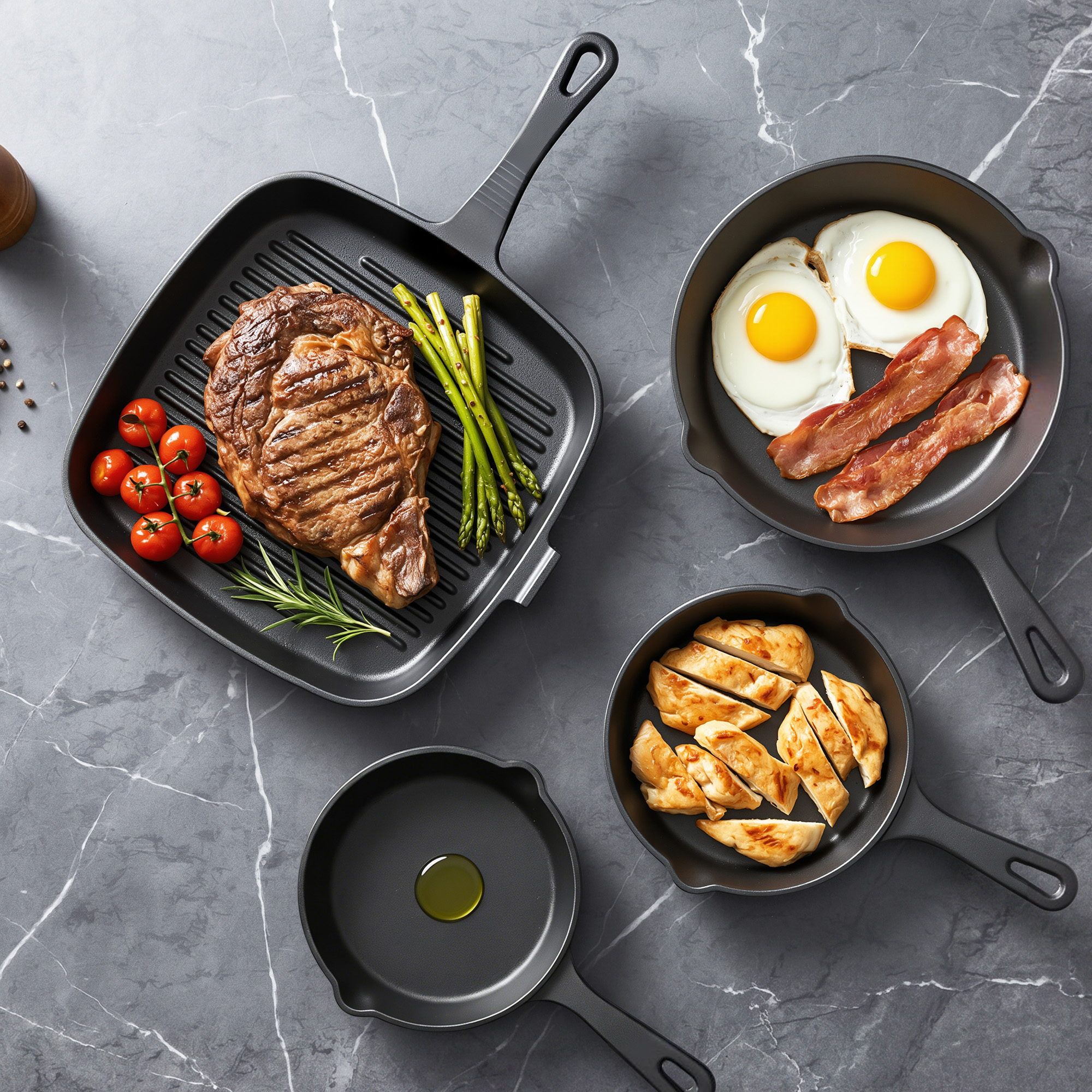 5-Star Chef Cast Iron Fry Pan Skillet Cookware Set Induction Black 14/16/20/24cm - Image 1