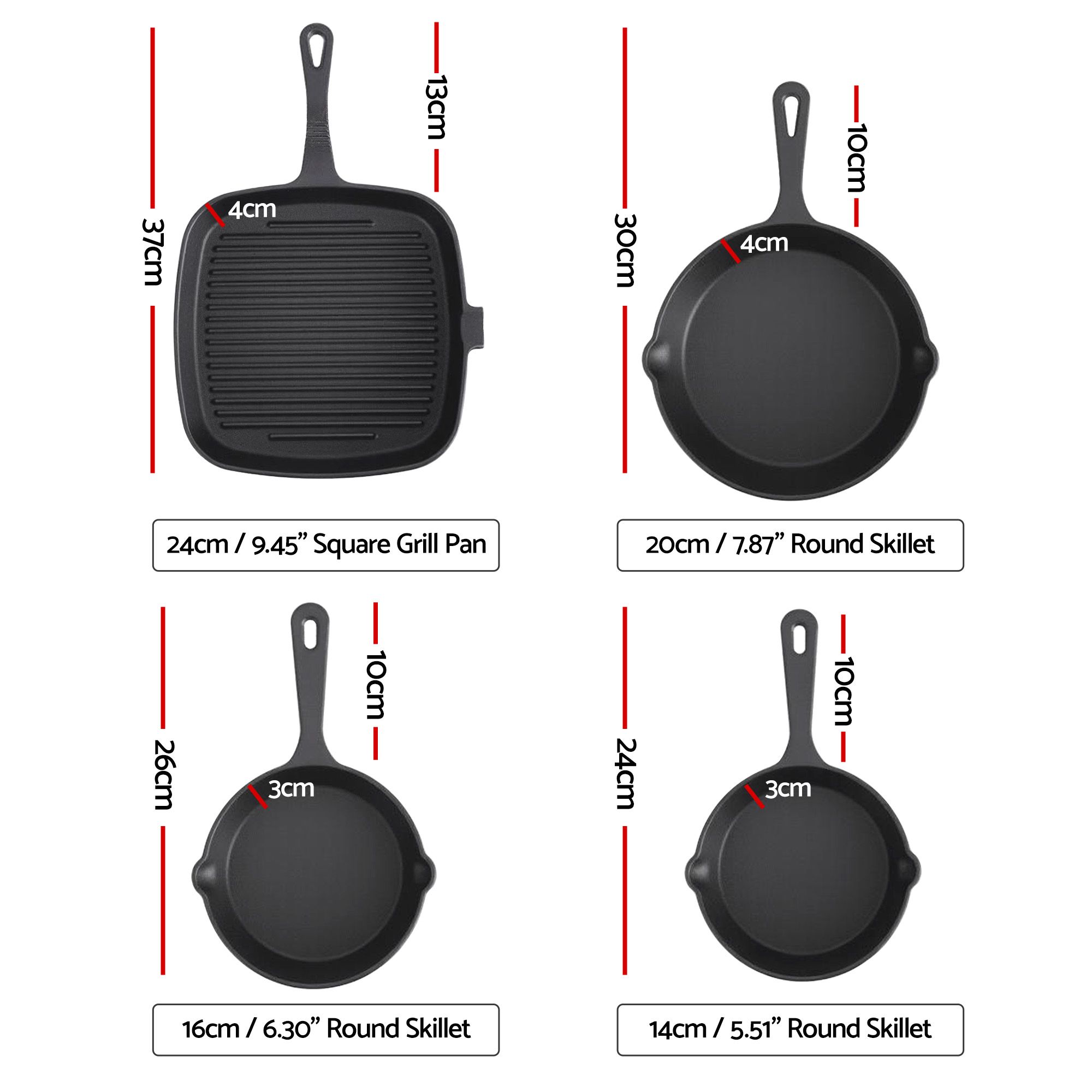 5-Star Chef Cast Iron Fry Pan Skillet Cookware Set Induction Black 14/16/20/24cm - Image 2