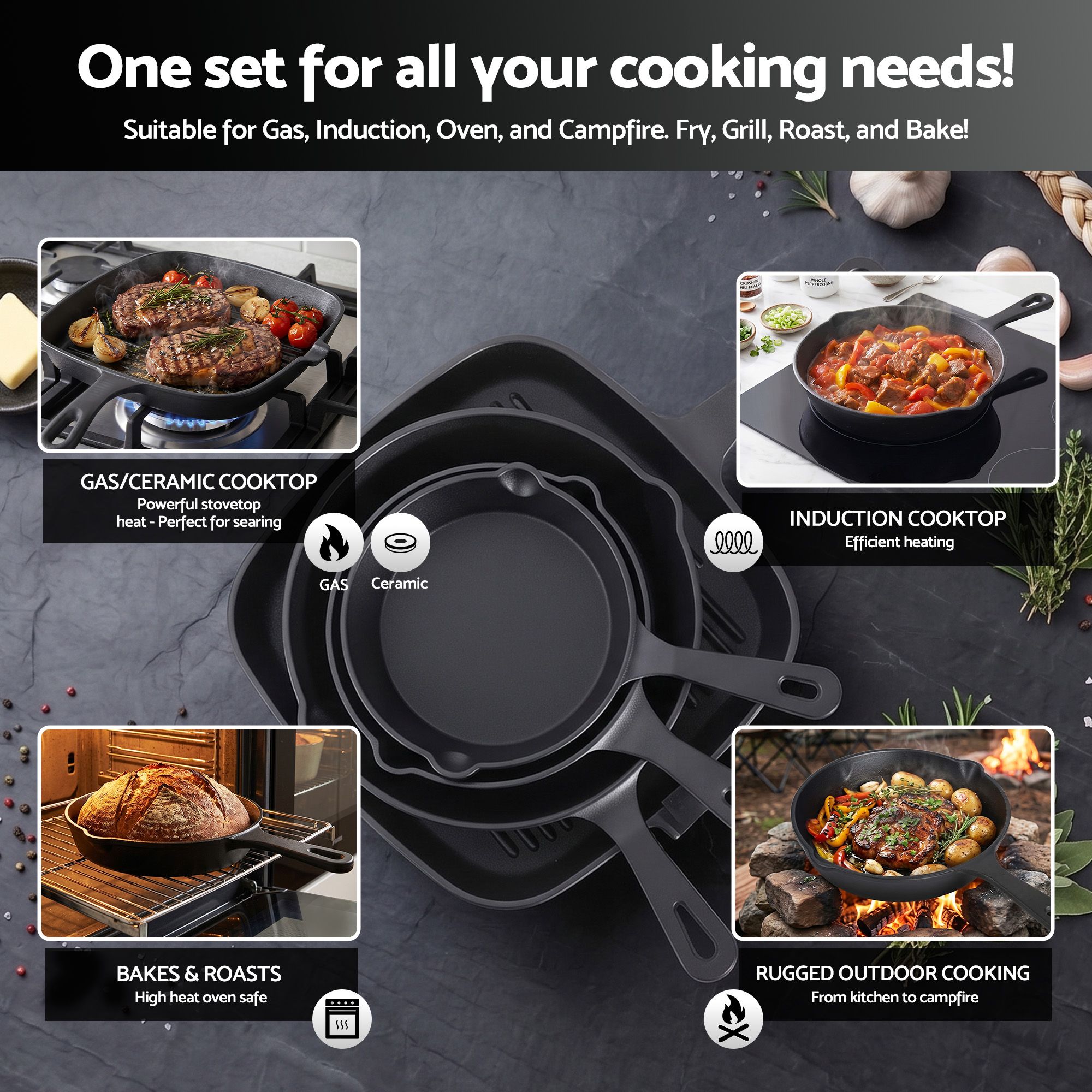 5-Star Chef Cast Iron Fry Pan Skillet Cookware Set Induction Black 14/16/20/24cm - Image 4