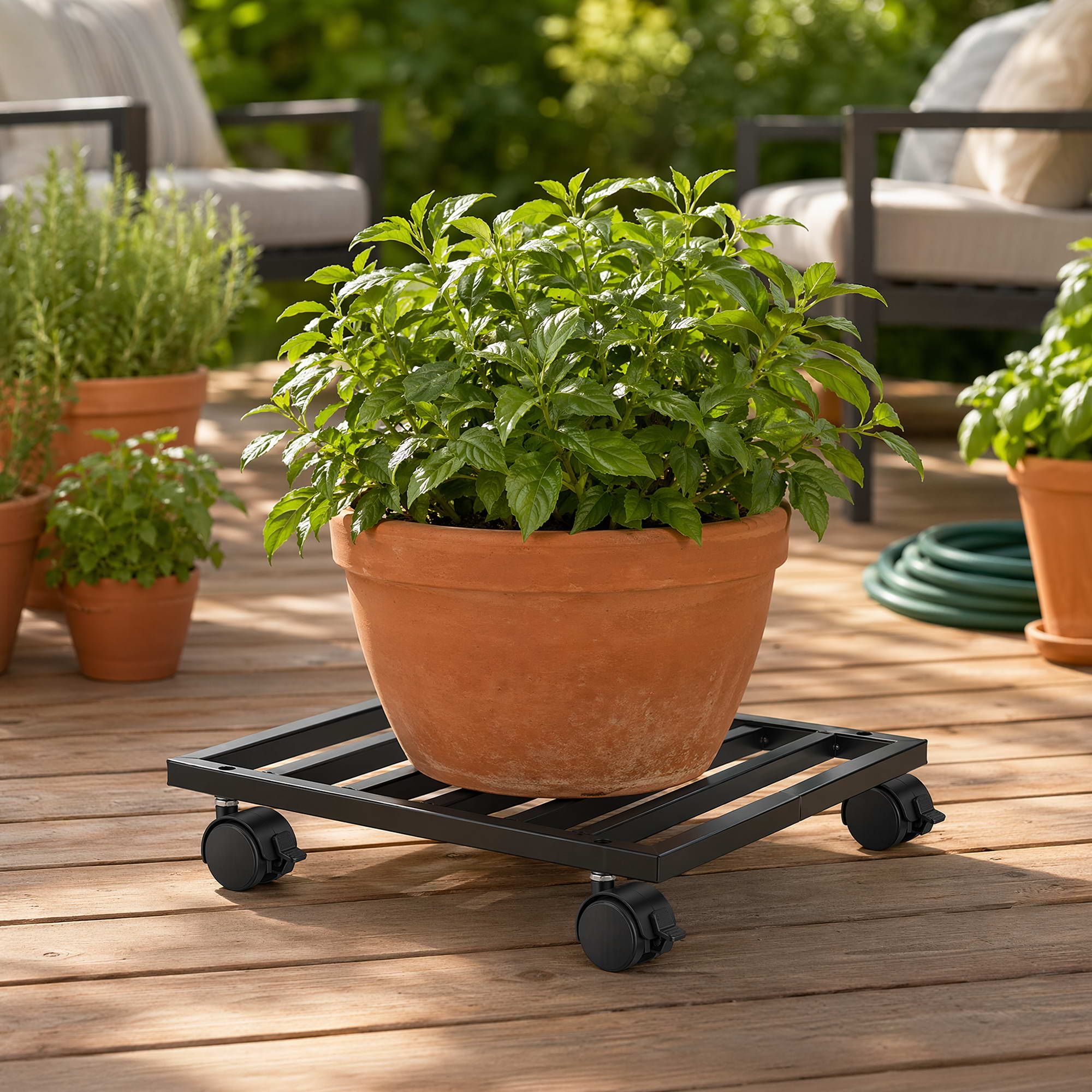 Green Fingers Plant Pot Trolleys 3pcs 32cm Galvanized Steel Lockable Wheels Roll Planter Black - Image 1