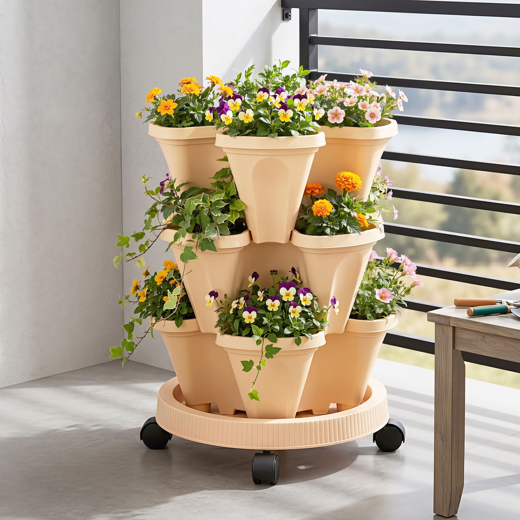 Green Fingers 3 Tier Stackable Vertical Planter Tower Strawberry Pot Wheels Beige - Image 1