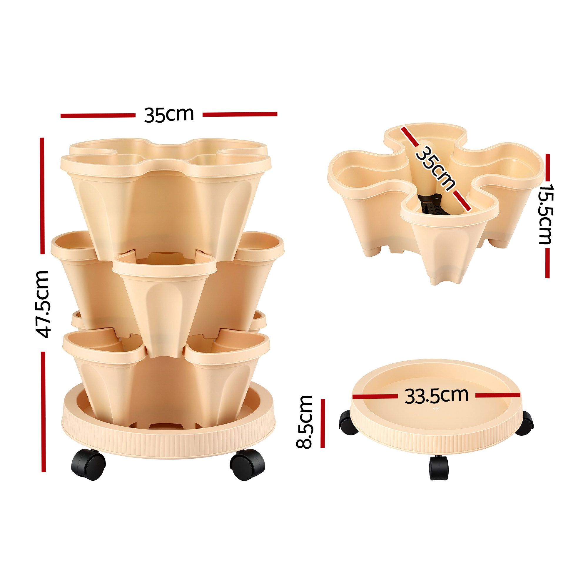 Green Fingers 3 Tier Stackable Vertical Planter Tower Strawberry Pot Wheels Beige - Image 2
