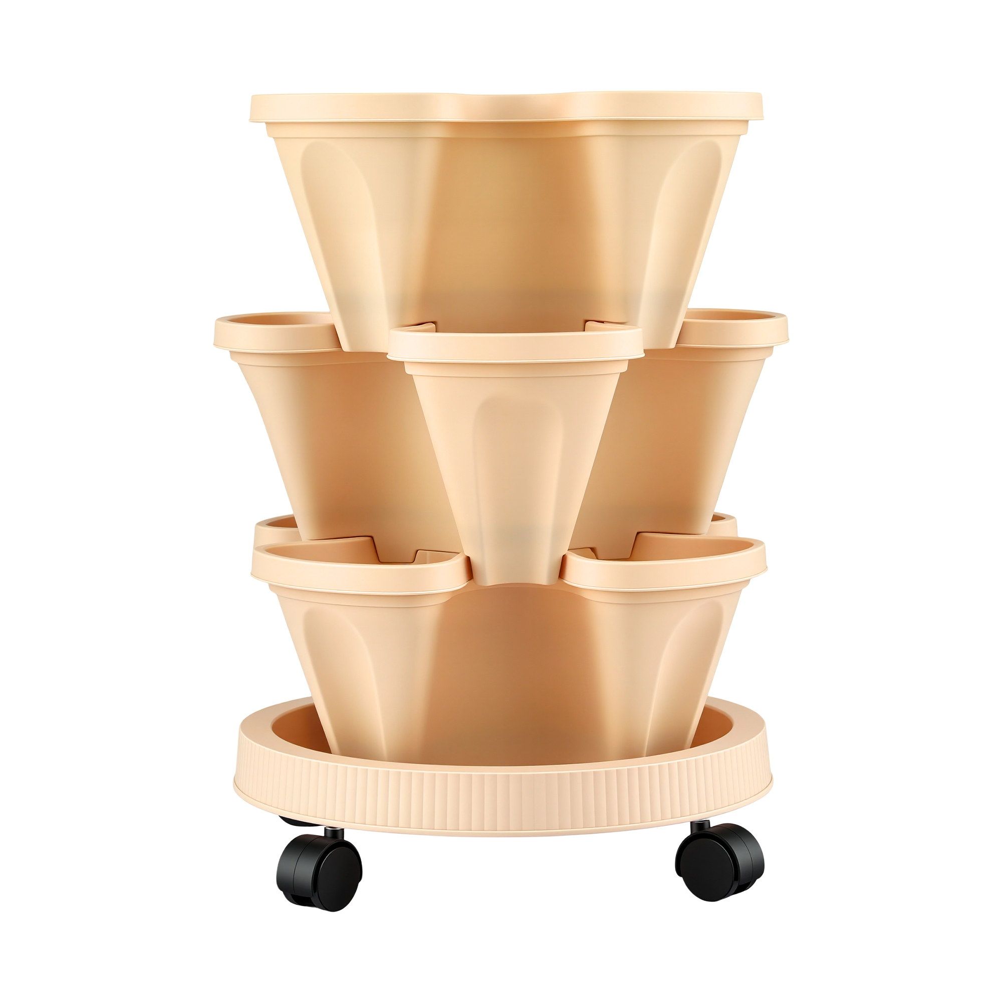 Green Fingers 3 Tier Stackable Vertical Planter Tower Strawberry Pot Wheels Beige - Image 3