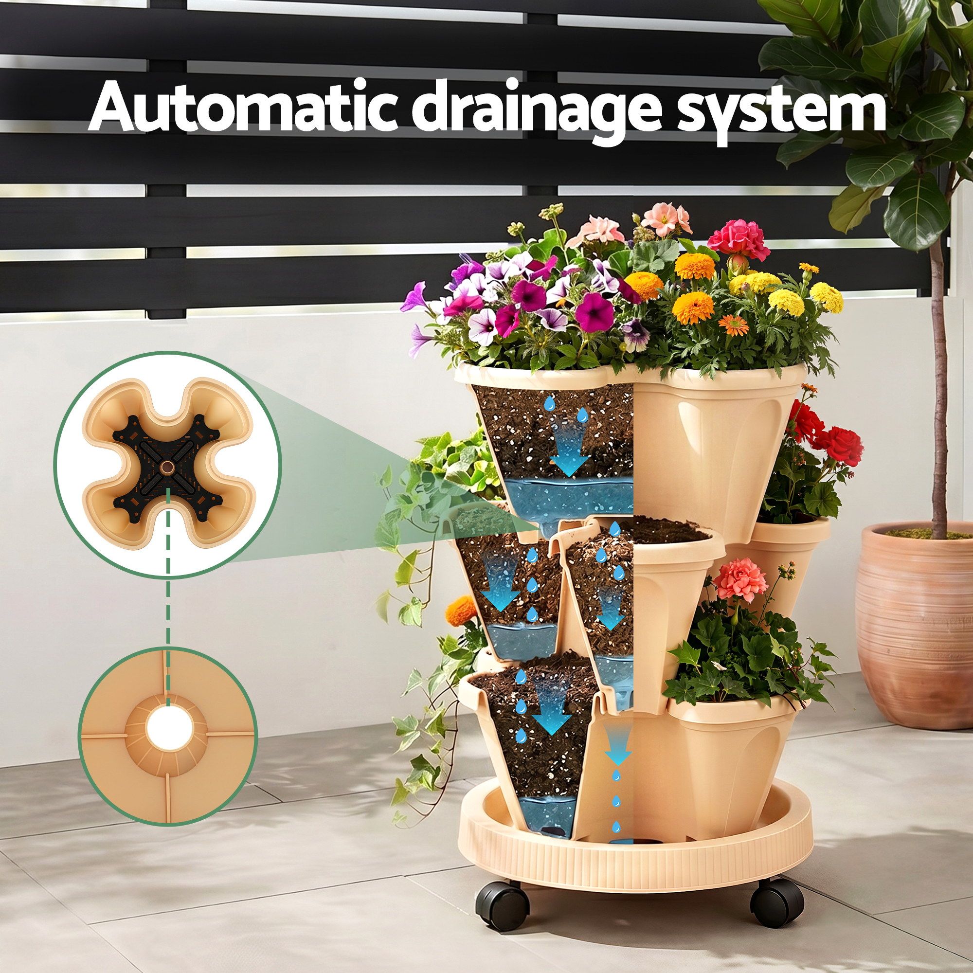 Green Fingers 3 Tier Stackable Vertical Planter Tower Strawberry Pot Wheels Beige - Image 4