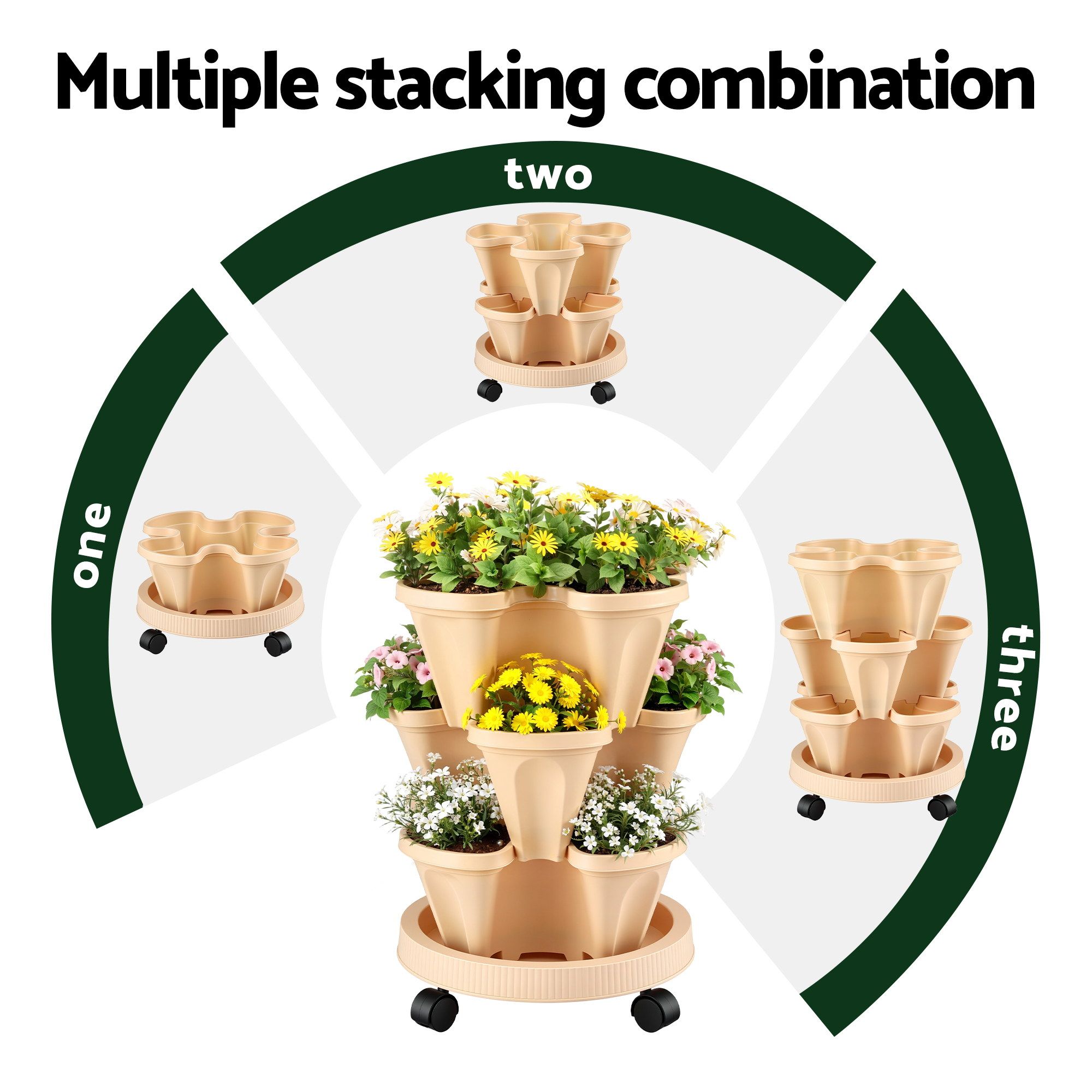 Green Fingers 3 Tier Stackable Vertical Planter Tower Strawberry Pot Wheels Beige - Image 5
