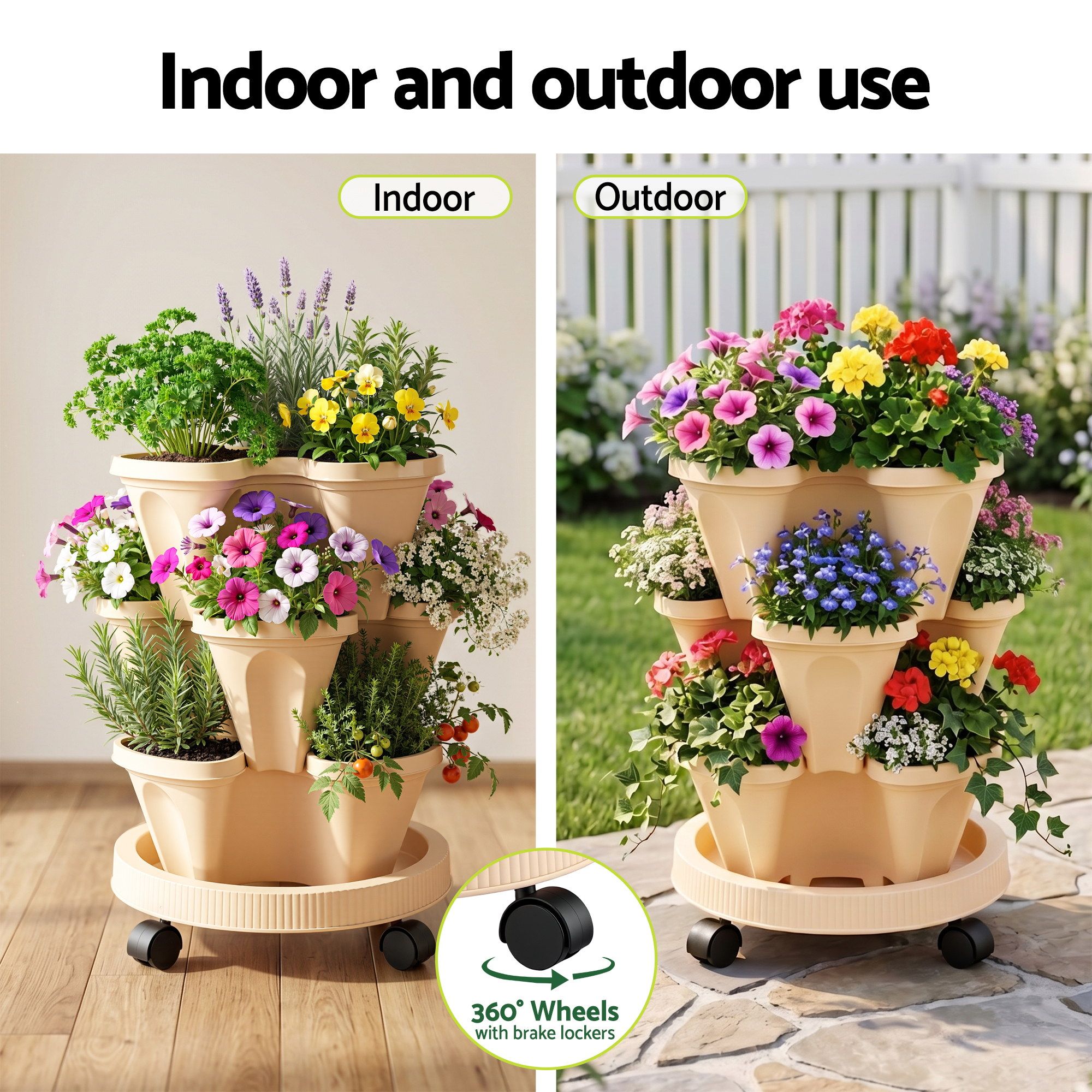 Green Fingers 3 Tier Stackable Vertical Planter Tower Strawberry Pot Wheels Beige - Image 6