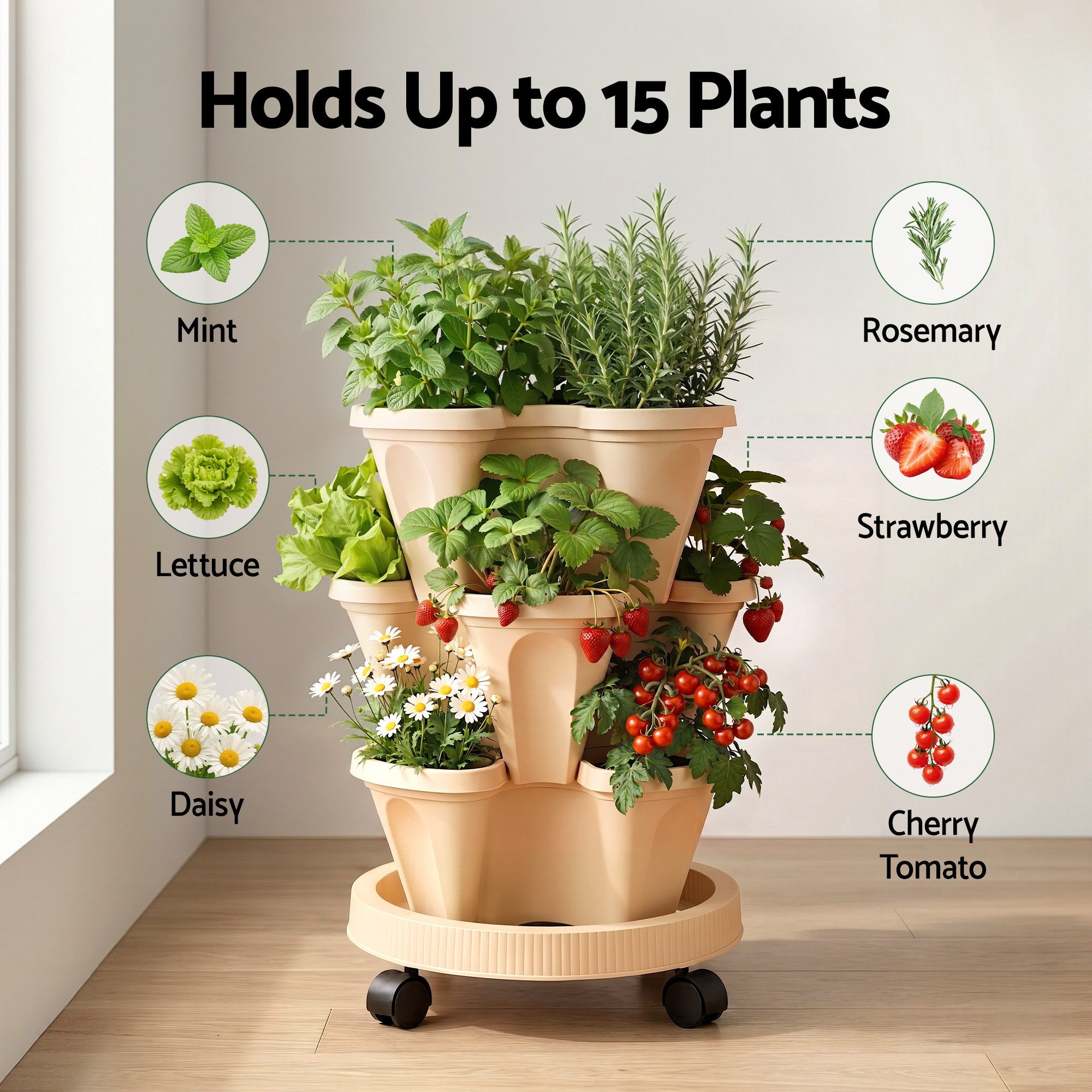 Green Fingers 3 Tier Stackable Vertical Planter Tower Strawberry Pot Wheels Beige - Image 7