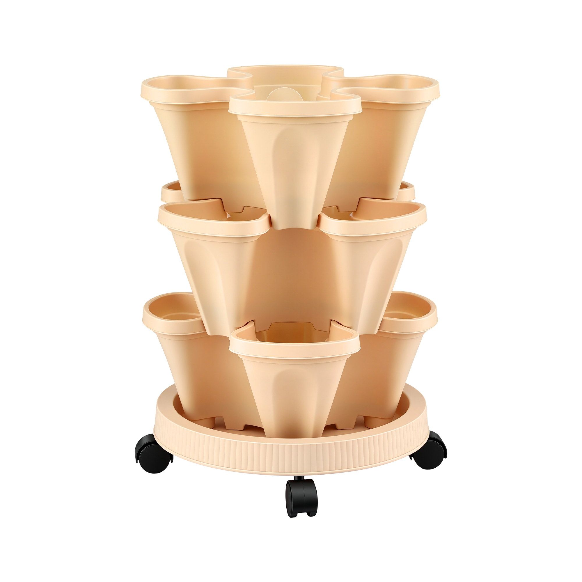 Green Fingers 3 Tier Stackable Vertical Planter Tower Strawberry Pot Wheels Beige - Image 8