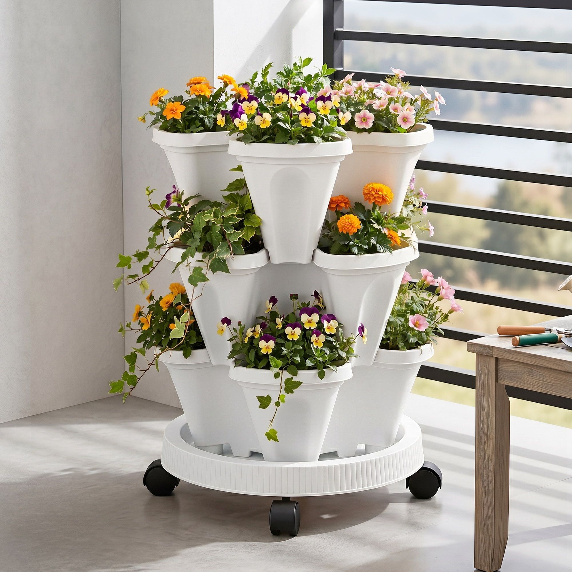 Green Fingers 3 Tier Stackable Vertical Planter Tower Strawberry Pot Wheels White - Image 1