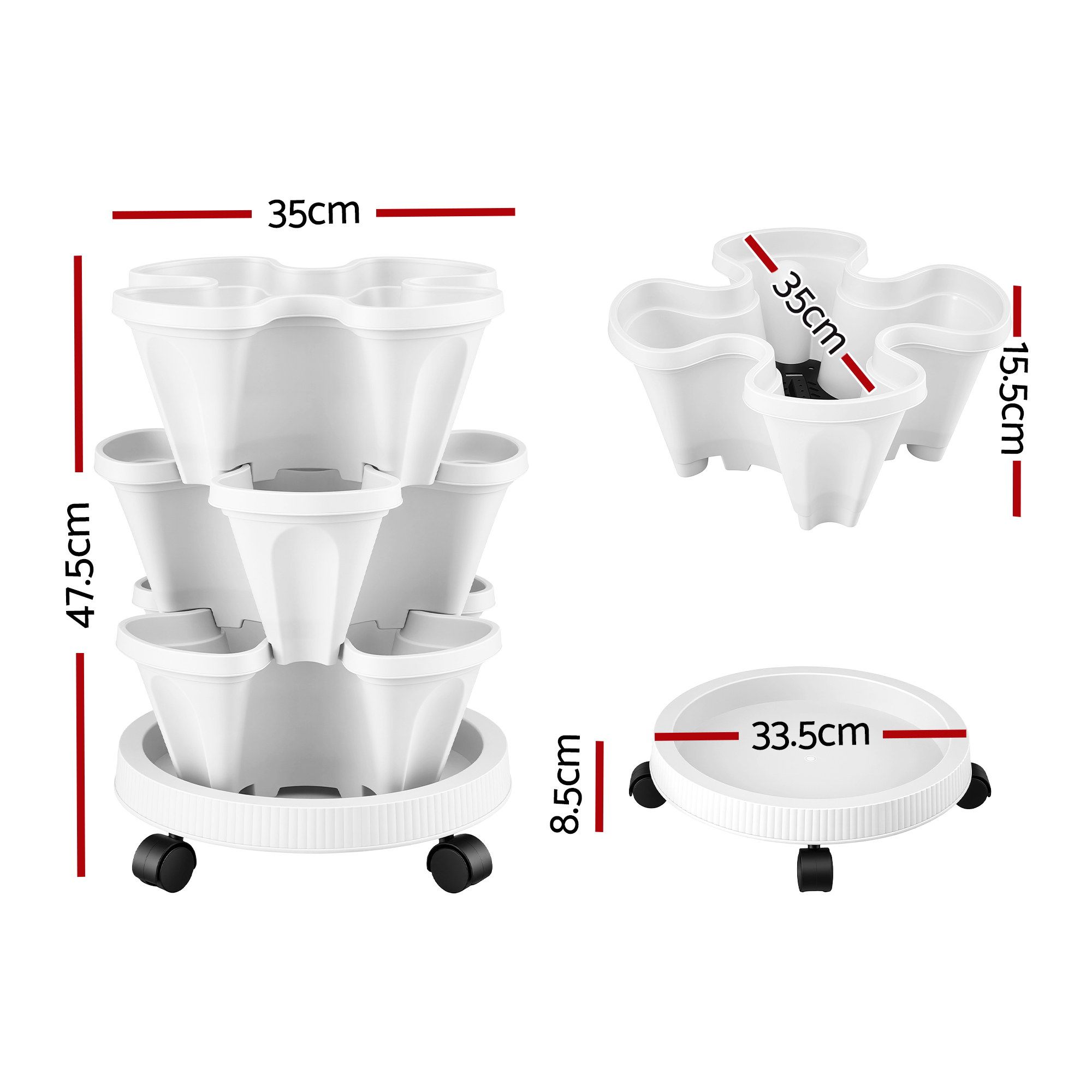 Green Fingers 3 Tier Stackable Vertical Planter Tower Strawberry Pot Wheels White - Image 2