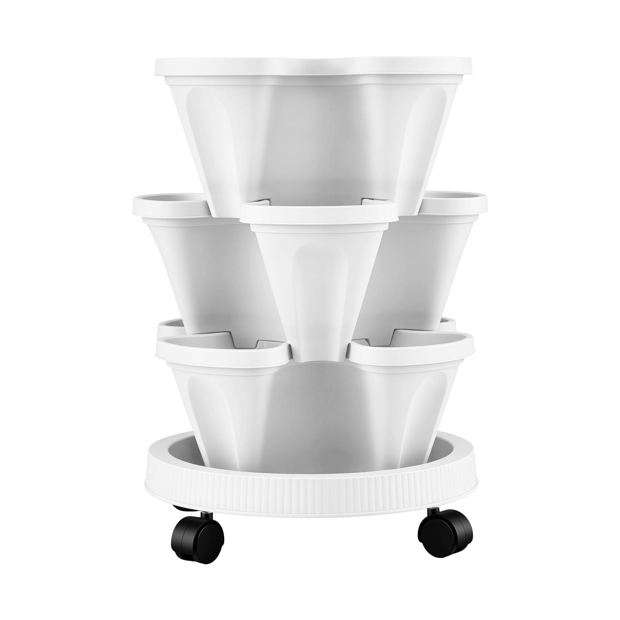 Green Fingers 3 Tier Stackable Vertical Planter Tower Strawberry Pot Wheels White - Image 3