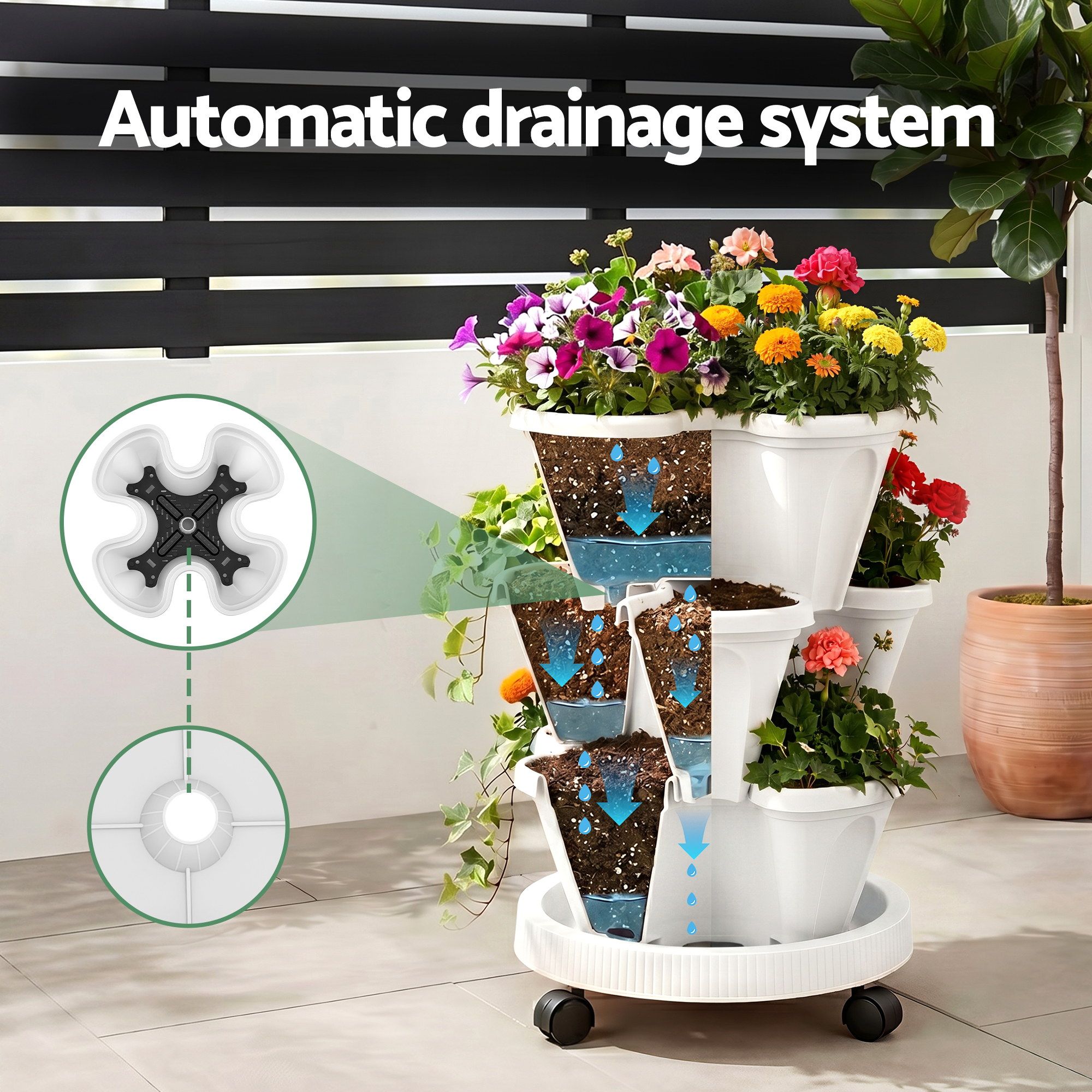 Green Fingers 3 Tier Stackable Vertical Planter Tower Strawberry Pot Wheels White - Image 4