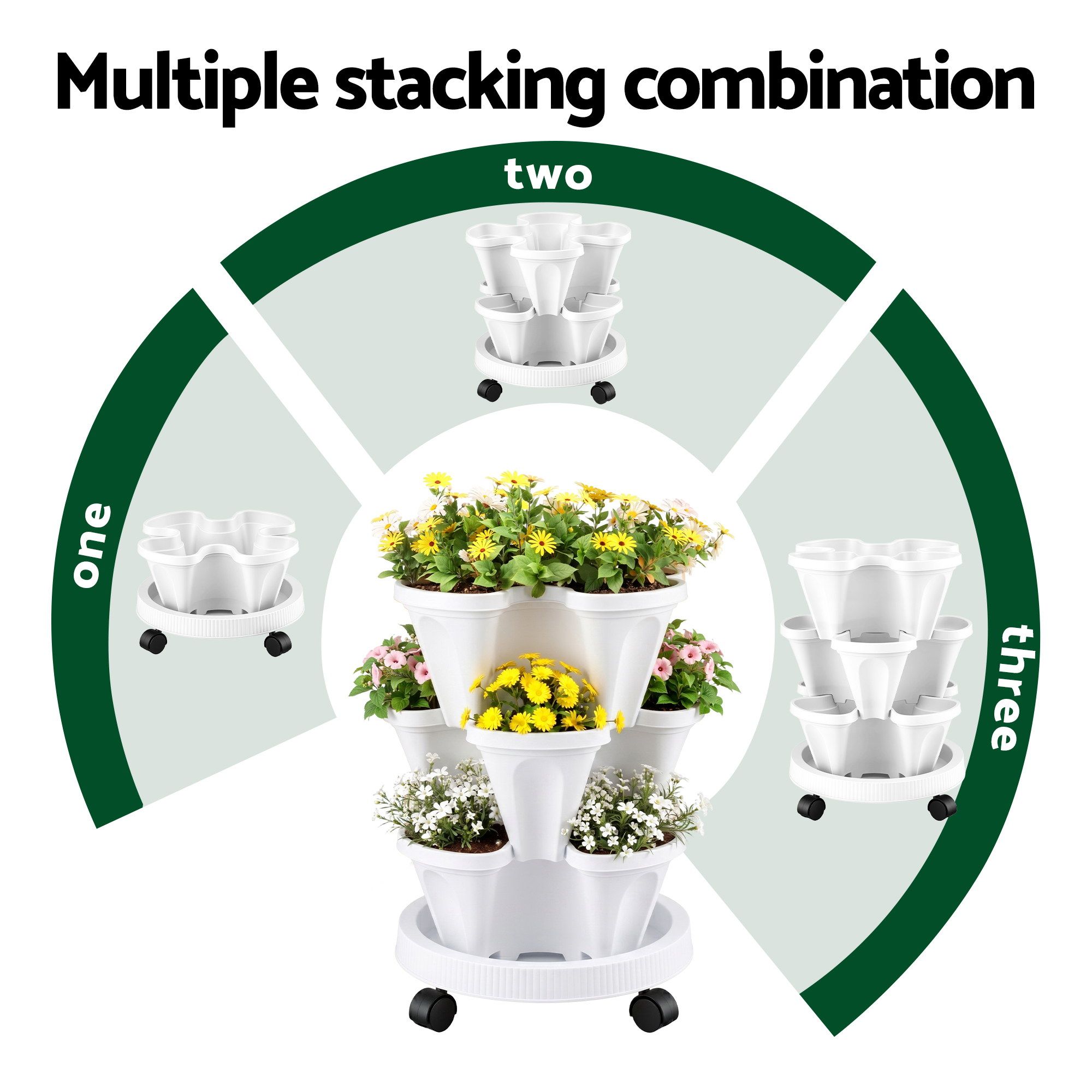 Green Fingers 3 Tier Stackable Vertical Planter Tower Strawberry Pot Wheels White - Image 5