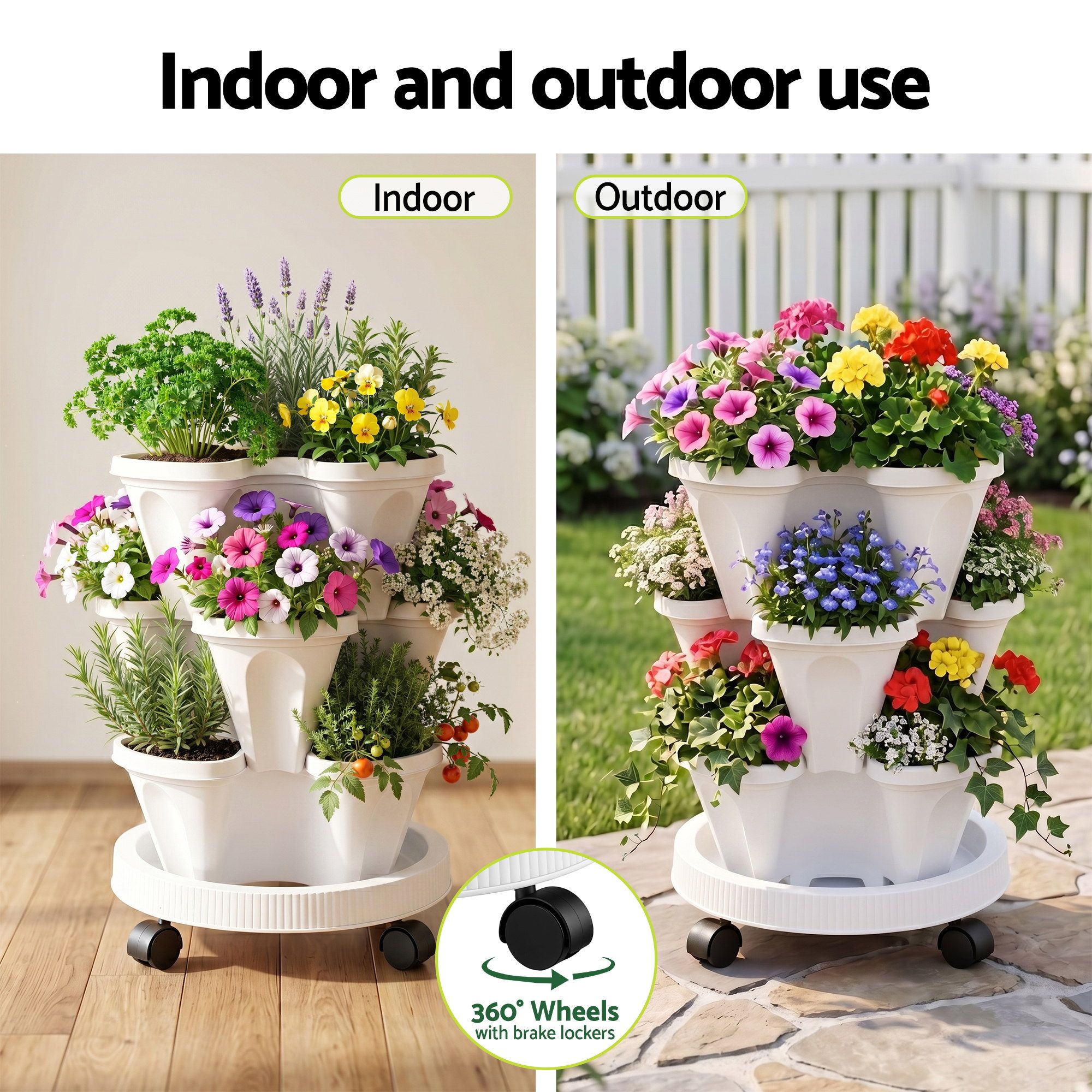 Green Fingers 3 Tier Stackable Vertical Planter Tower Strawberry Pot Wheels White - Image 6