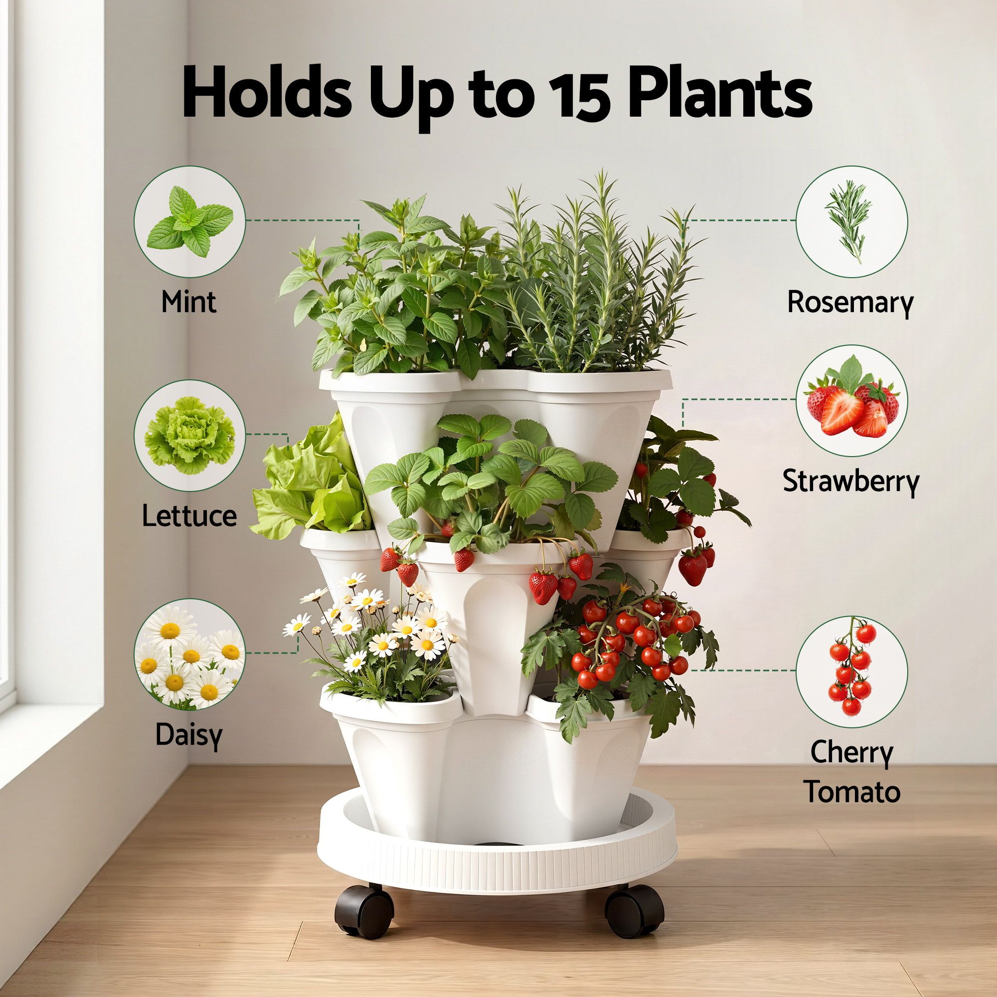 Green Fingers 3 Tier Stackable Vertical Planter Tower Strawberry Pot Wheels White - Image 7