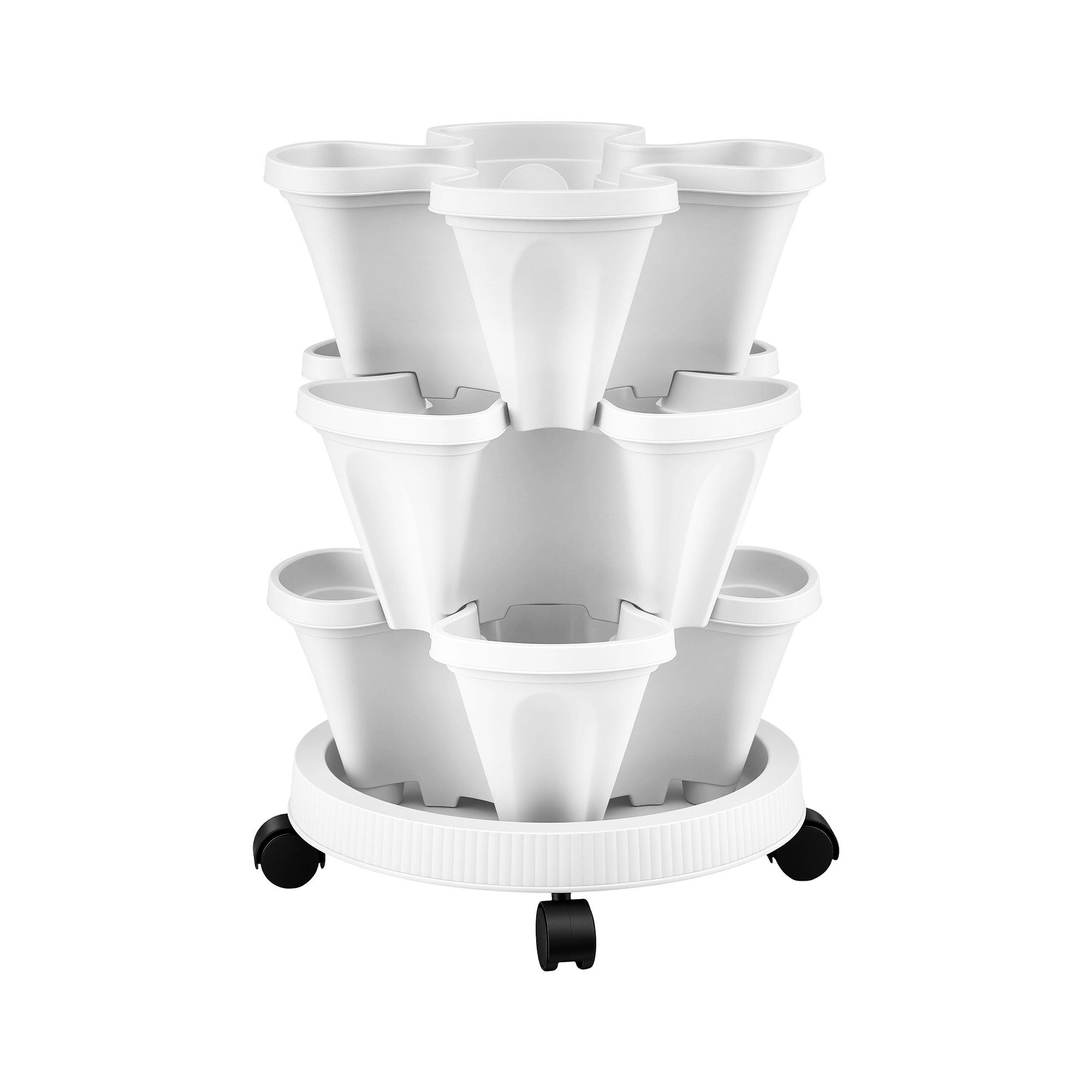 Green Fingers 3 Tier Stackable Vertical Planter Tower Strawberry Pot Wheels White - Image 8