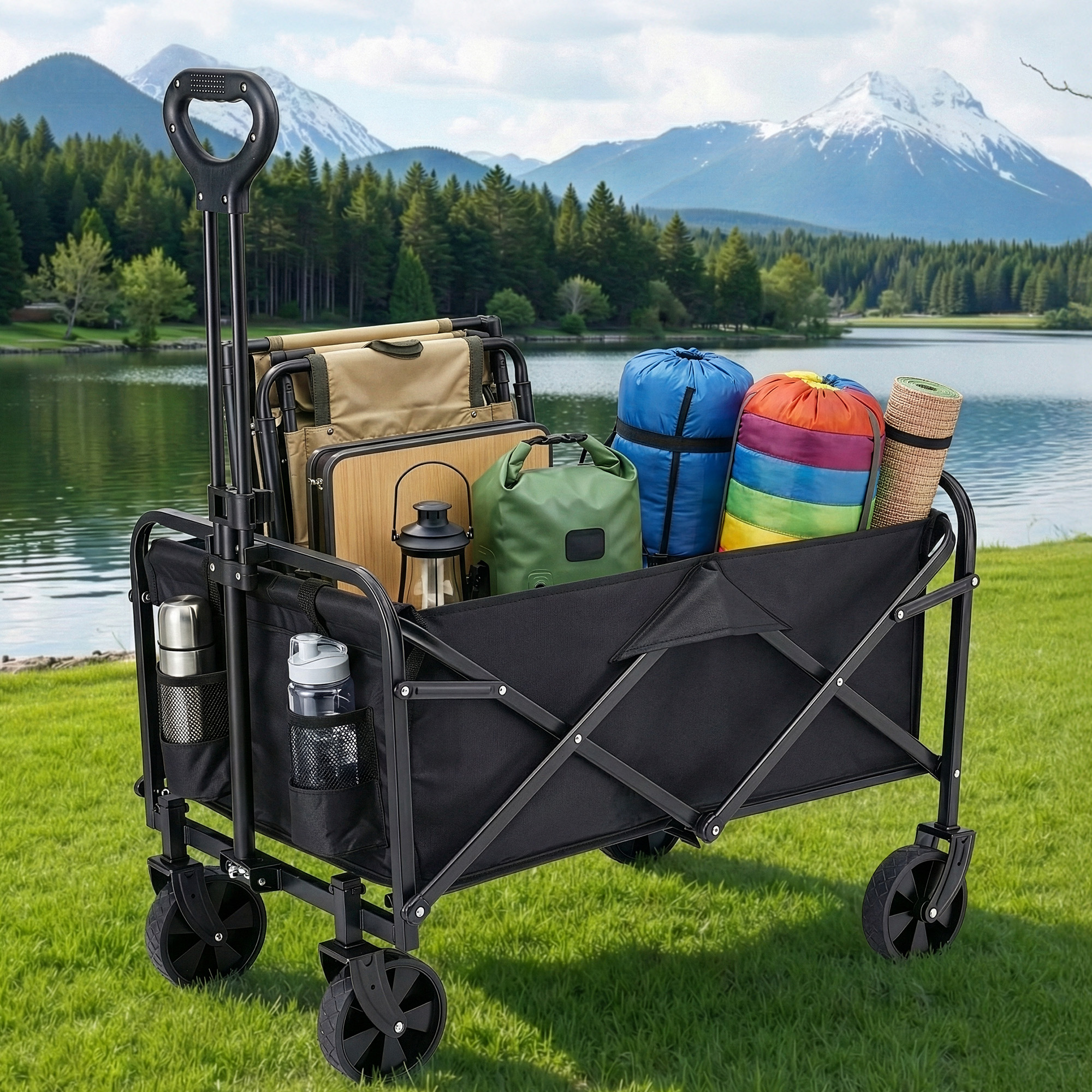 Gardeon Garden Cart Folding Trolley Camping Wagon Barrow Outdoor Beach Black - Image 1