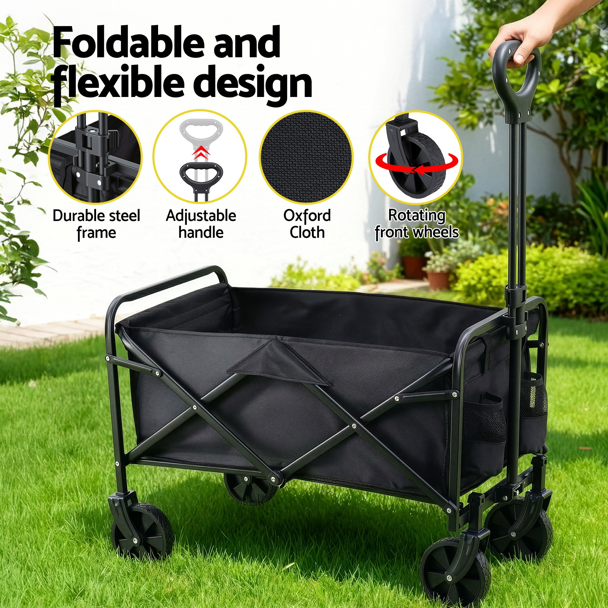 Gardeon Garden Cart Folding Trolley Camping Wagon Barrow Outdoor Beach Black - Image 5