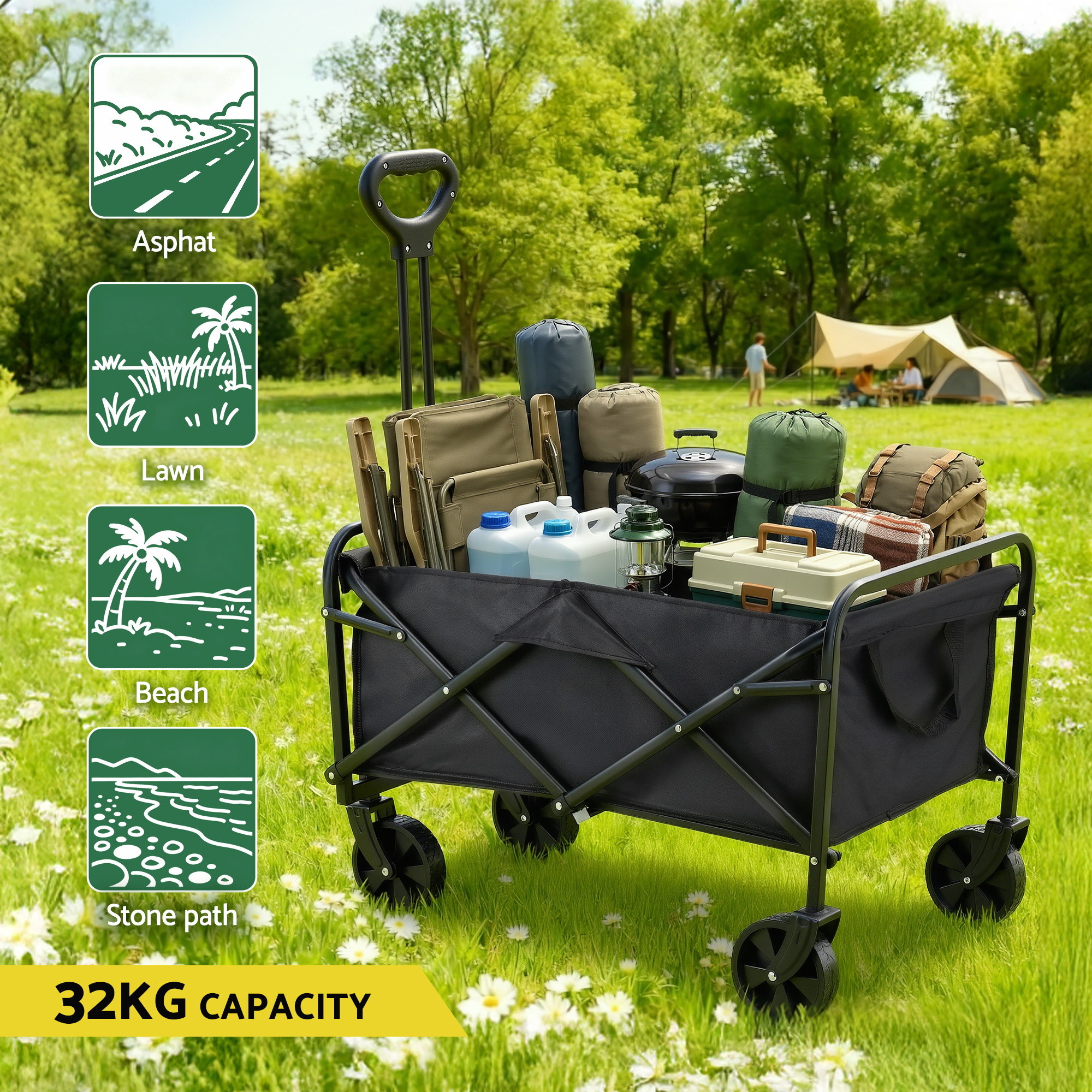 Gardeon Garden Cart Folding Trolley Camping Wagon Barrow Outdoor Beach Black - Image 6
