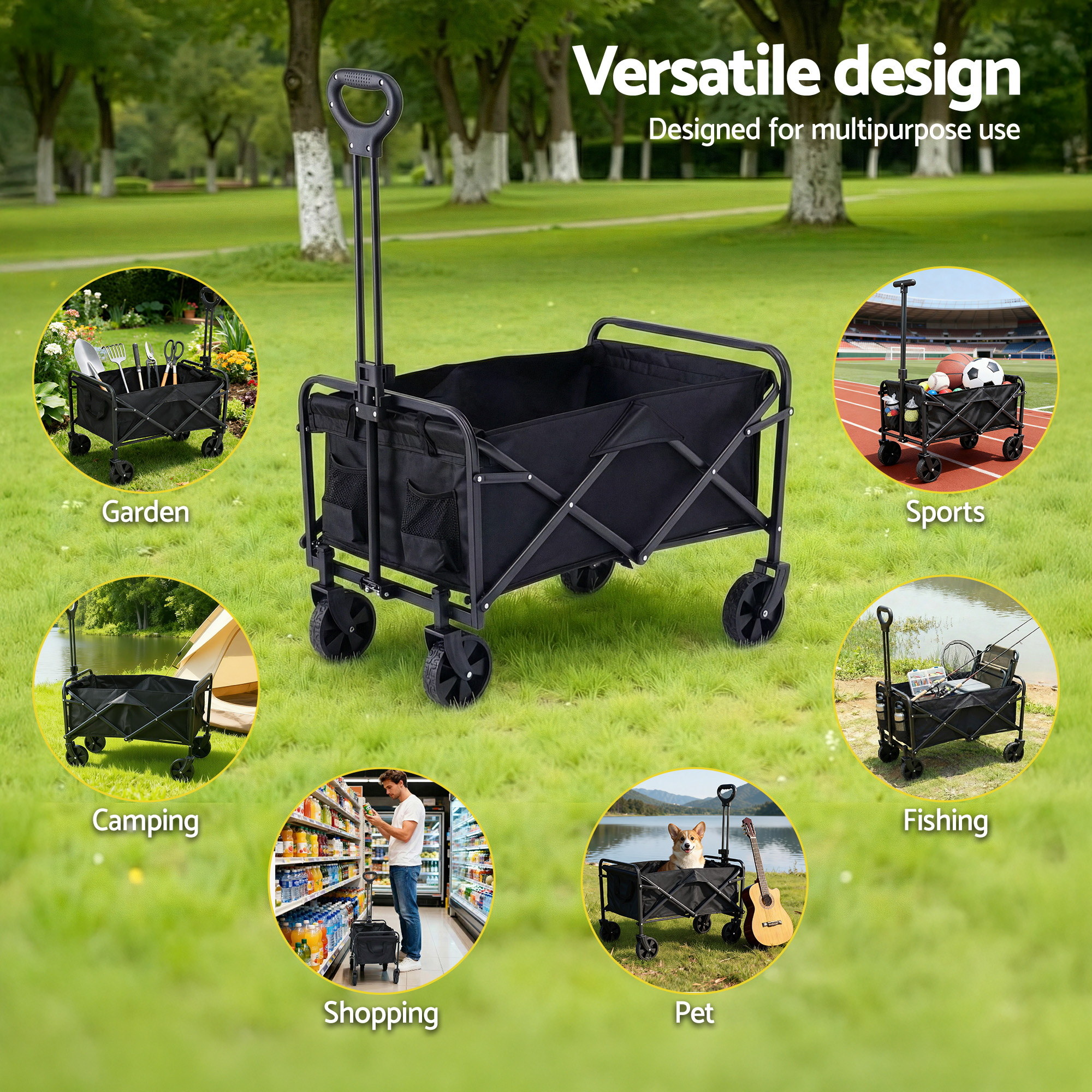 Gardeon Garden Cart Folding Trolley Camping Wagon Barrow Outdoor Beach Black - Image 8