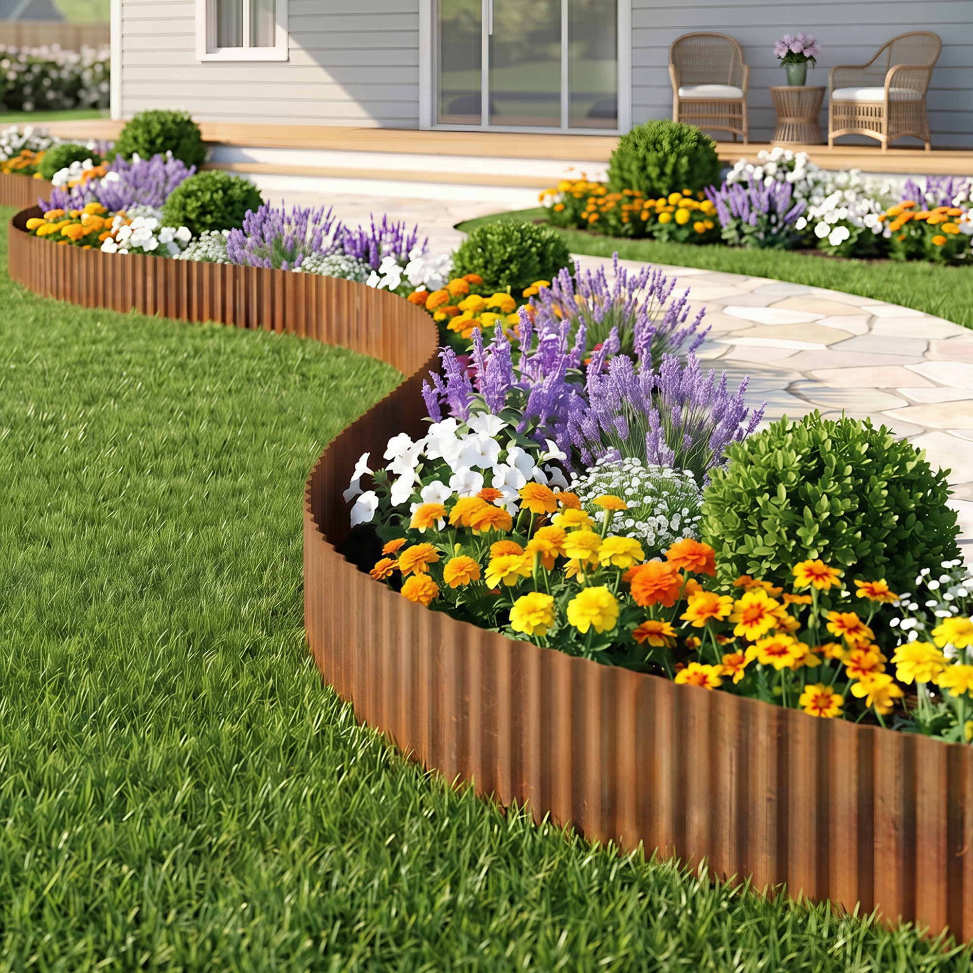Green Fingers Garden Edging 10ft Metal Flexible Garden Border Corrugated Steel Lawn Edging Rust - Image 1