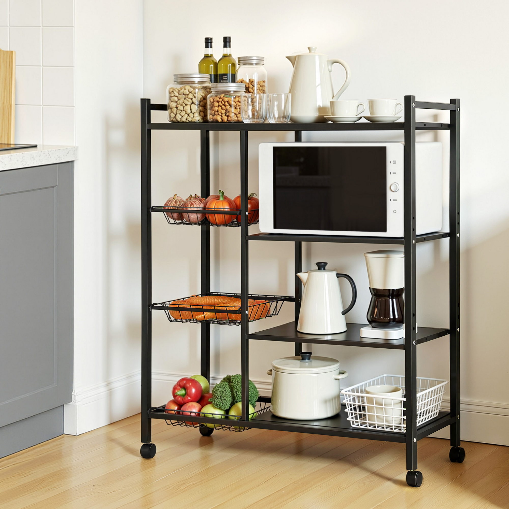 Artiss 4-Tier Kitchen Rack Microwave Bakers Storage Shelf with 3 Baskets Wheels - Image 1