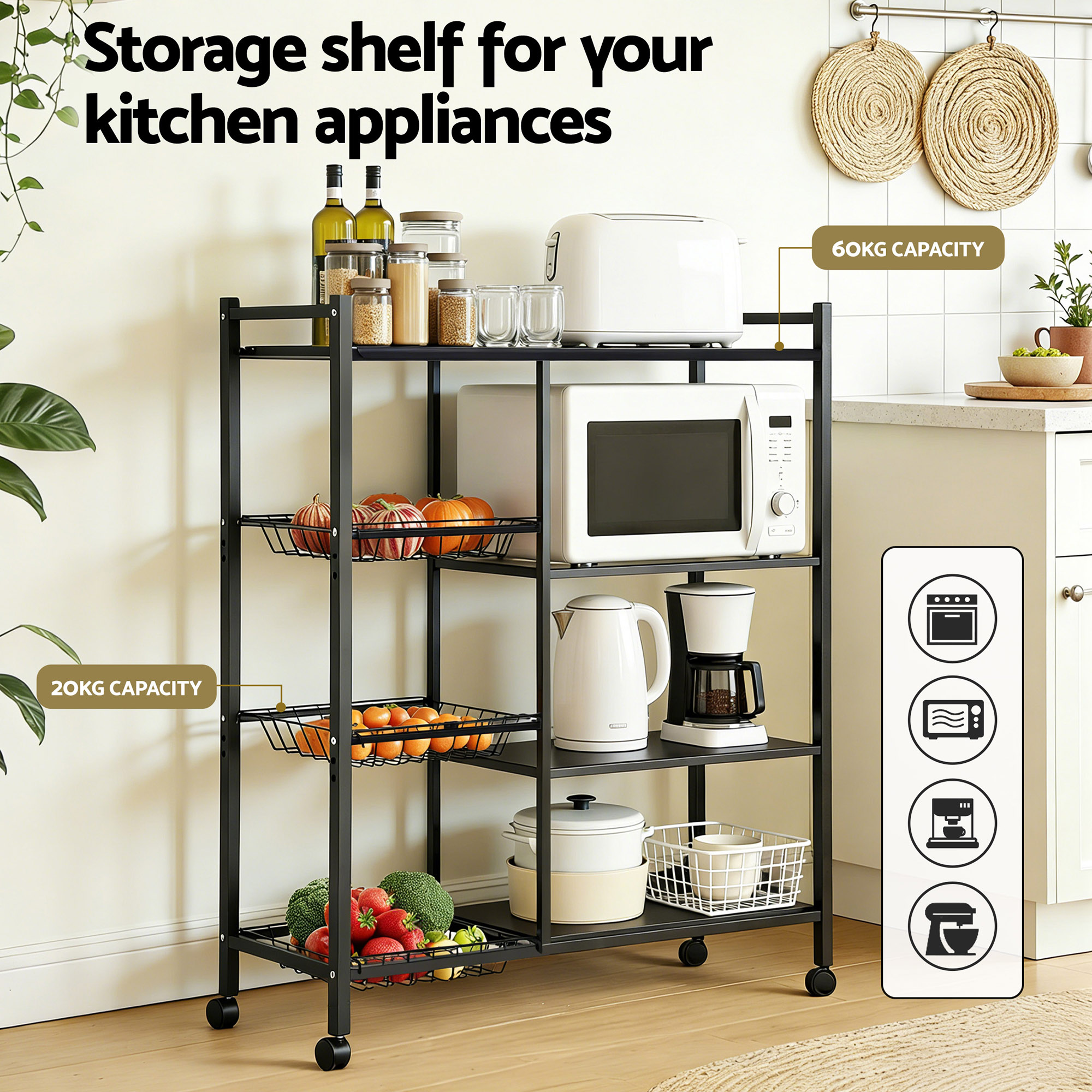 Artiss 4-Tier Kitchen Rack Microwave Bakers Storage Shelf with 3 Baskets Wheels - Image 5