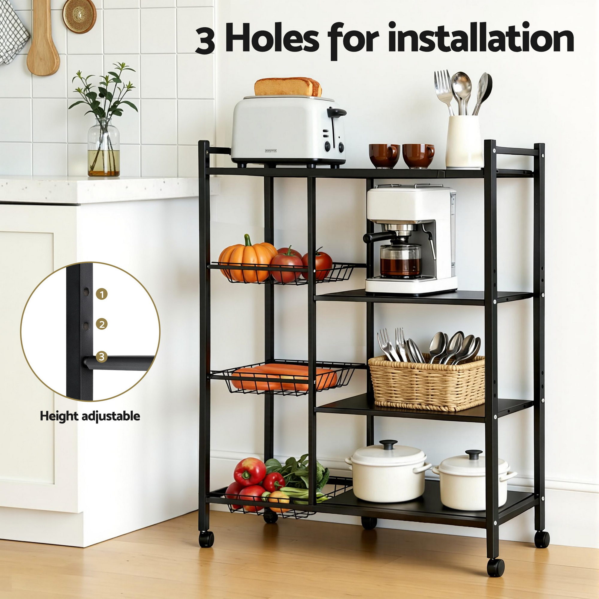 Artiss 4-Tier Kitchen Rack Microwave Bakers Storage Shelf with 3 Baskets Wheels - Image 6