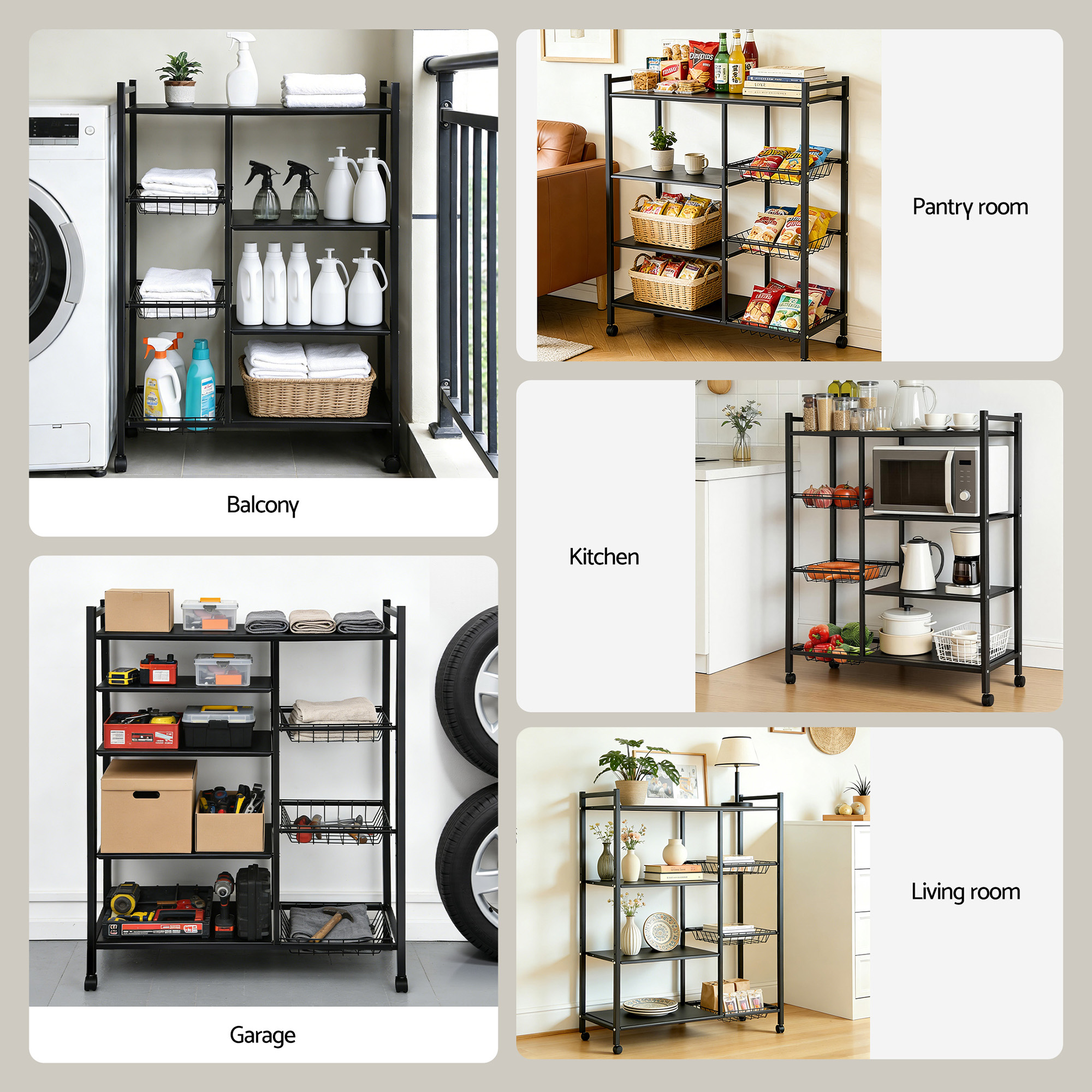 Artiss 4-Tier Kitchen Rack Microwave Bakers Storage Shelf with 3 Baskets Wheels - Image 8