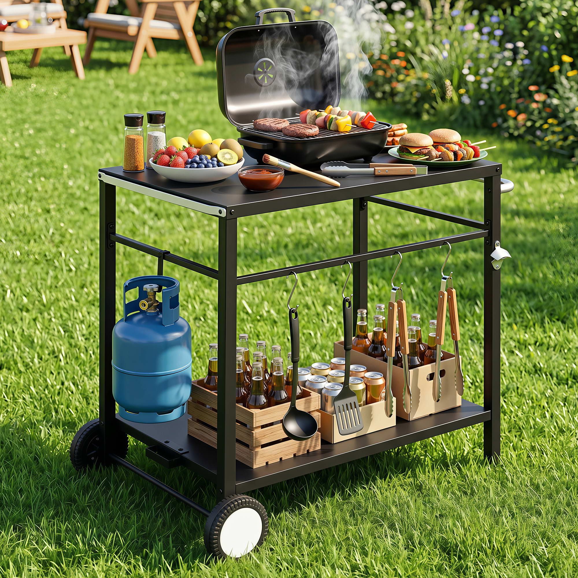 Weisshorn BBQ Camp Party Table, Garden Backyard Outdoor Cart Stainless Steel Prep Table Mobile Kitchen Trolley Heavy Duty with Wheels Tank Holder Hooks, Black - Image 2