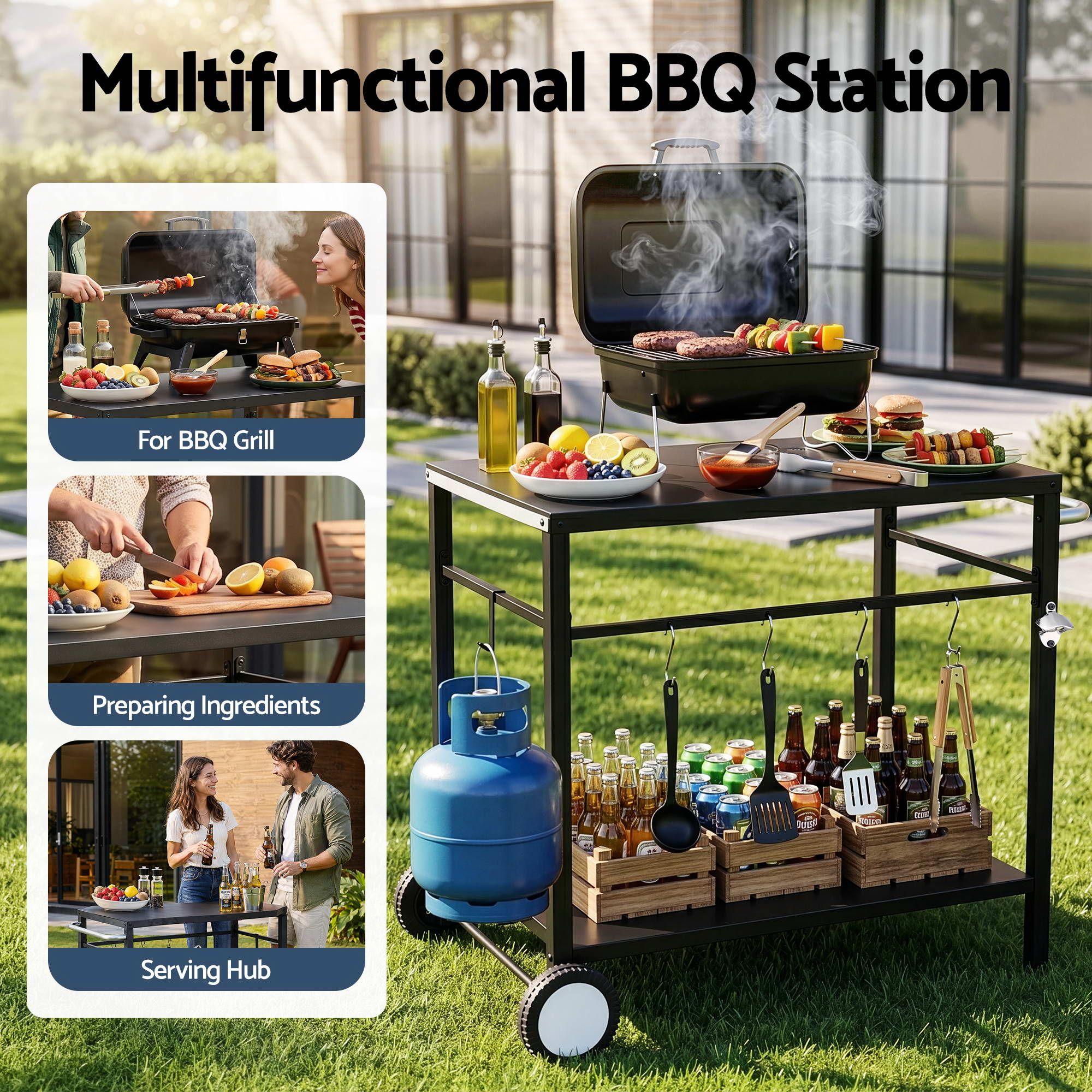 Weisshorn BBQ Camp Party Table, Garden Backyard Outdoor Cart Stainless Steel Prep Table Mobile Kitchen Trolley Heavy Duty with Wheels Tank Holder Hooks, Black - Image 5