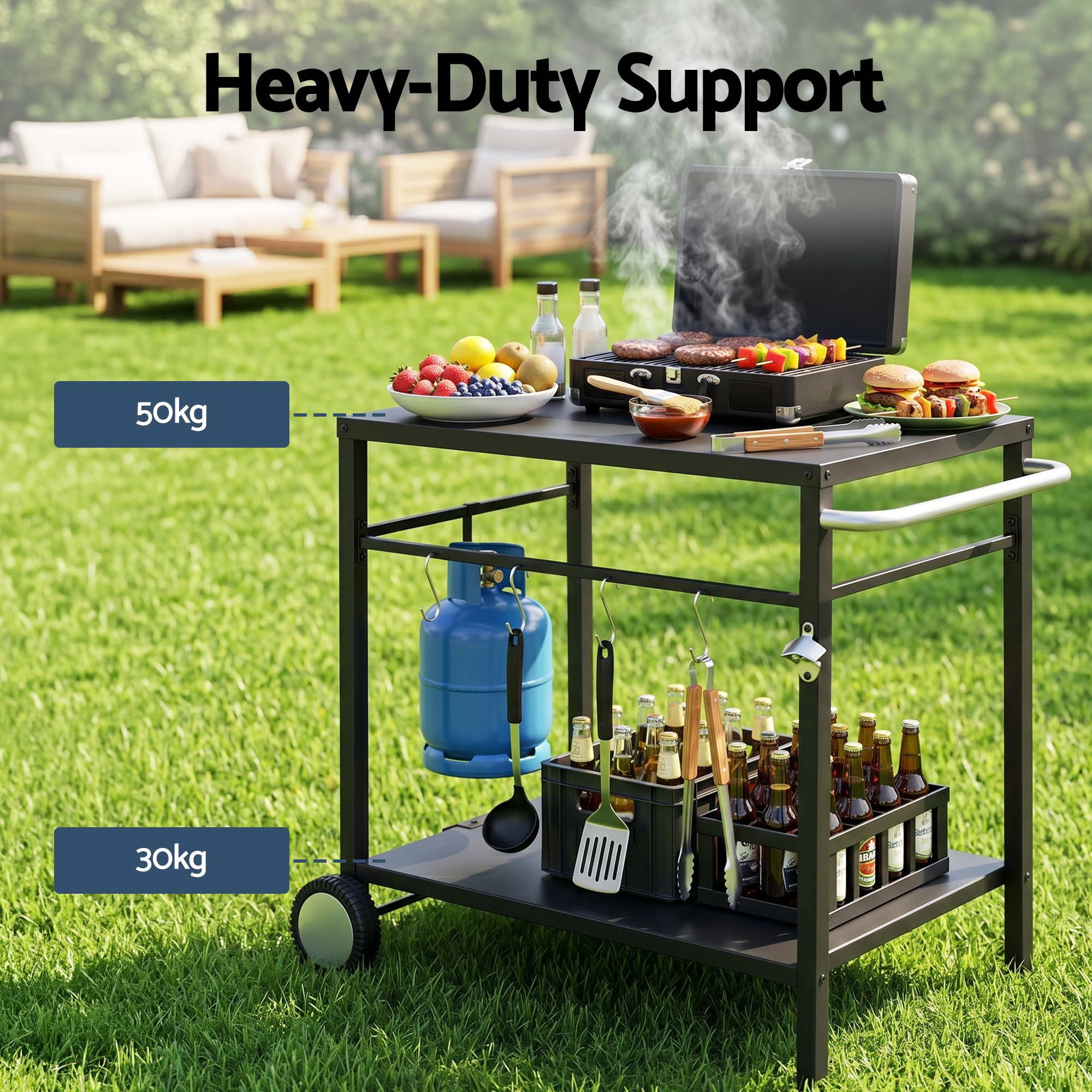 Weisshorn BBQ Camp Party Table, Garden Backyard Outdoor Cart Stainless Steel Prep Table Mobile Kitchen Trolley Heavy Duty with Wheels Tank Holder Hooks, Black - Image 7