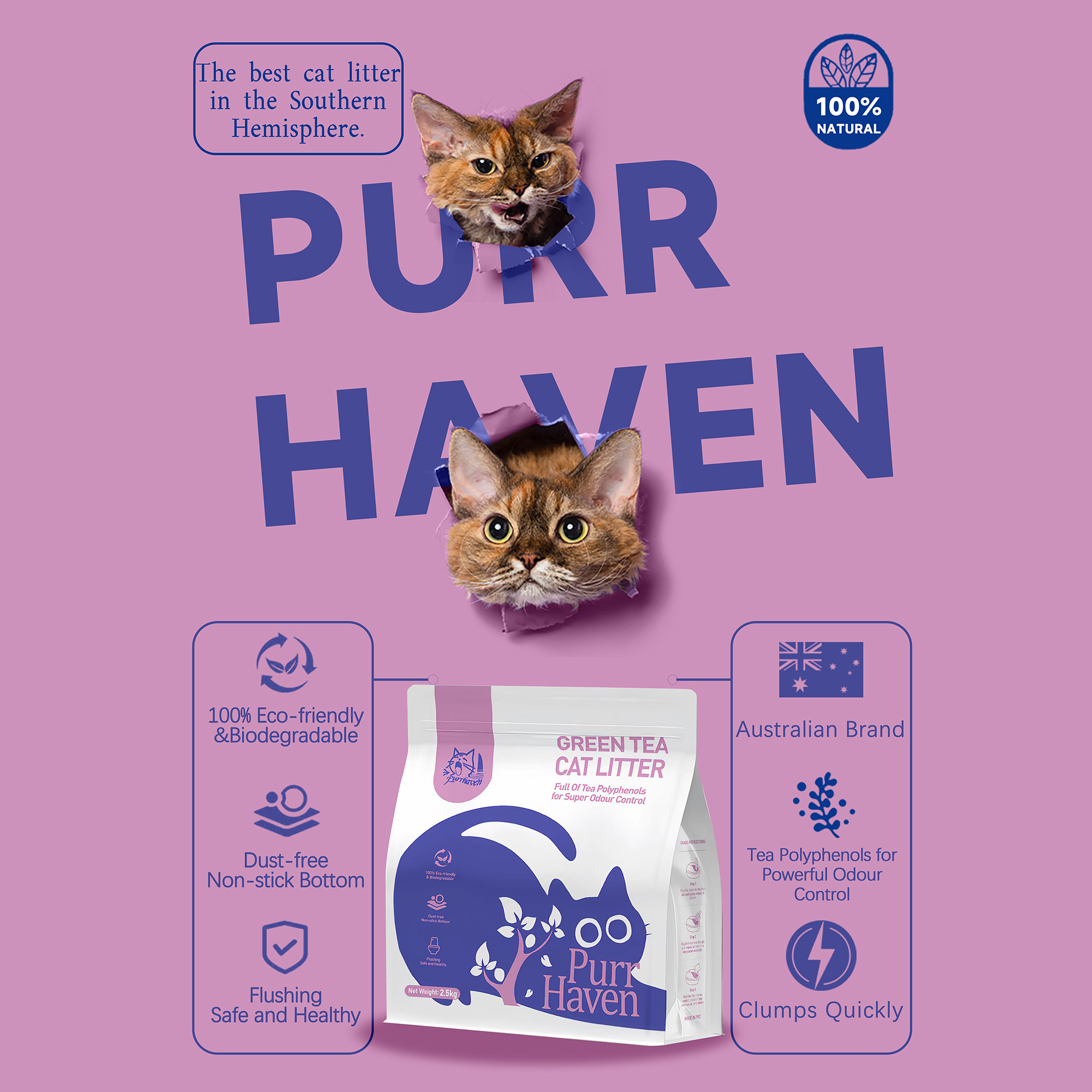 PurrHaven Green Tea Clumping Cat & Kitty Litter, 30kg (12 Pack),Dust Free,Natural Flusable,Easy to Clean,Odour Neutraliser,Rapid Liquid Absorption,Non-Toxic Formula - Image 4