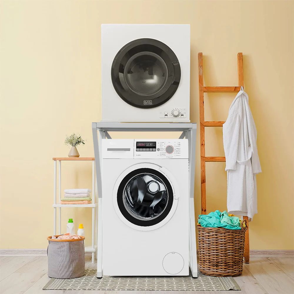 Dryer Stand Over Front Loading Washing Machine, 100kg Heavy Duty Steel Stacking Kit, 102x67x60cm Space Saving Shelf for Small Home, Anti-Slip Rubber Surface, Fits Tumble Dryers & Washers, White - Image 2