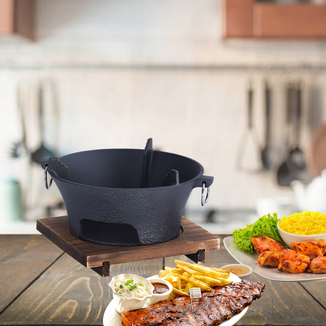 SOGA 2X Small Cast Iron Round Stove Charcoal Table Net Grill Japanese Style BBQ Picnic Camping with Wooden Board - Image 1